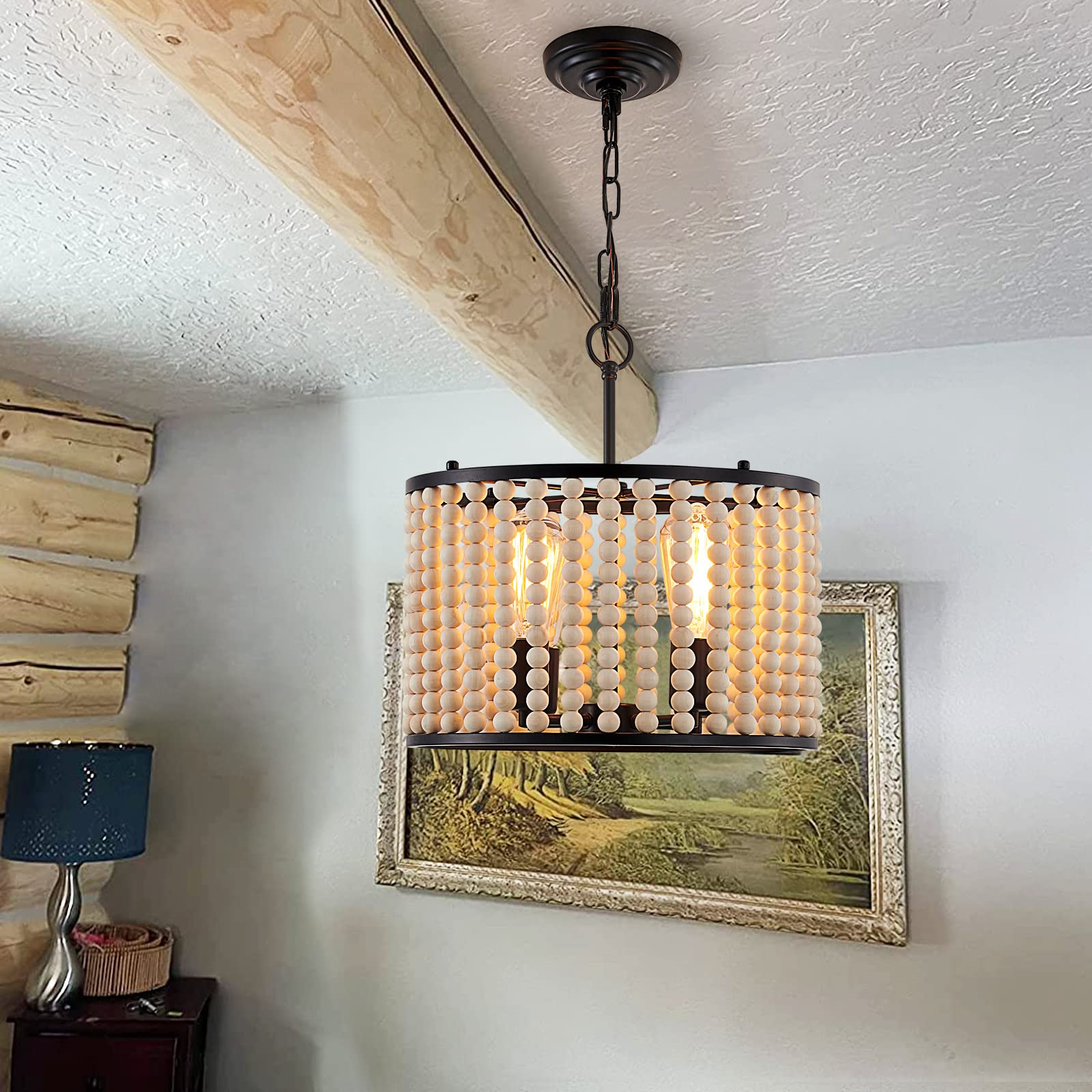 Farmhouse Chandelier Light Fixture - 4-Light Wood Beaded Boho Pendant Lantern for Dining Room, Living Room, Kitchen & Entryway - Rustic Ceiling Lighting for Home Decor & Foyer