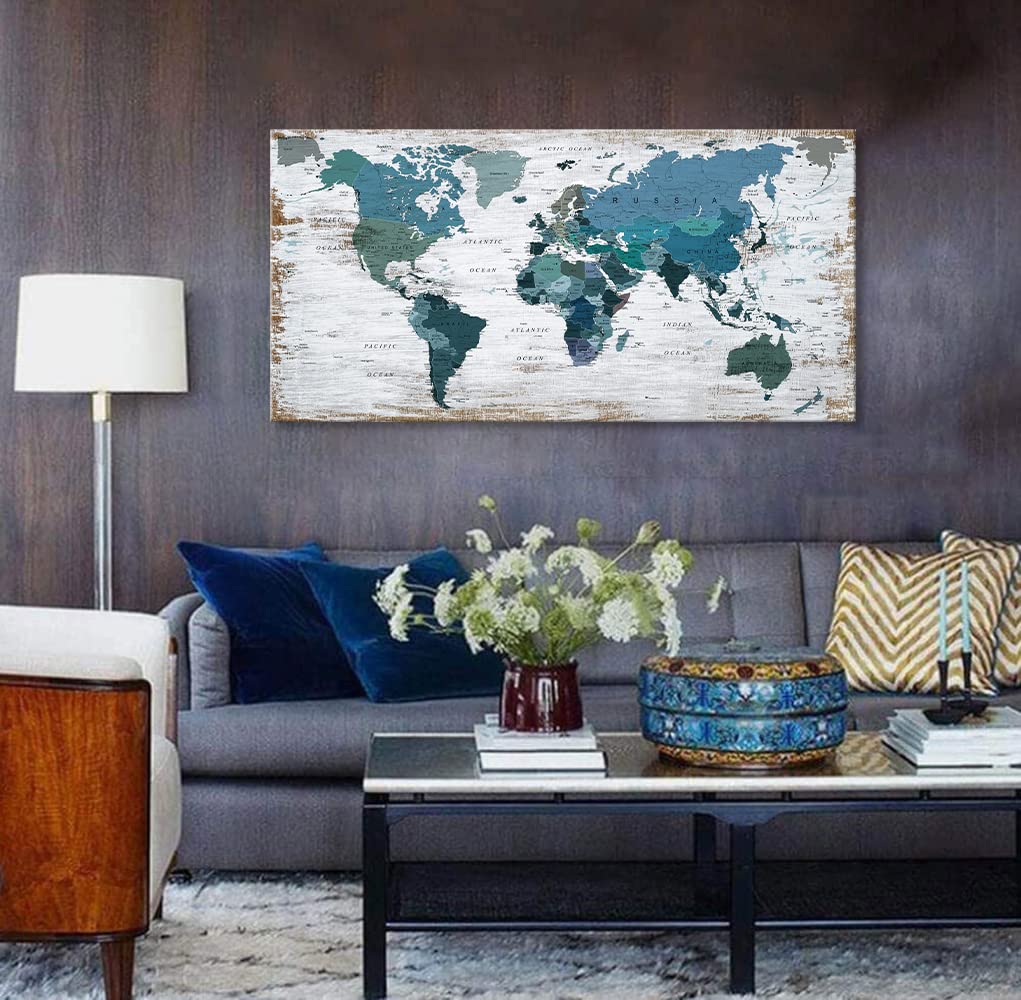 Blue Teal World Map Canvas Wall Art - 24