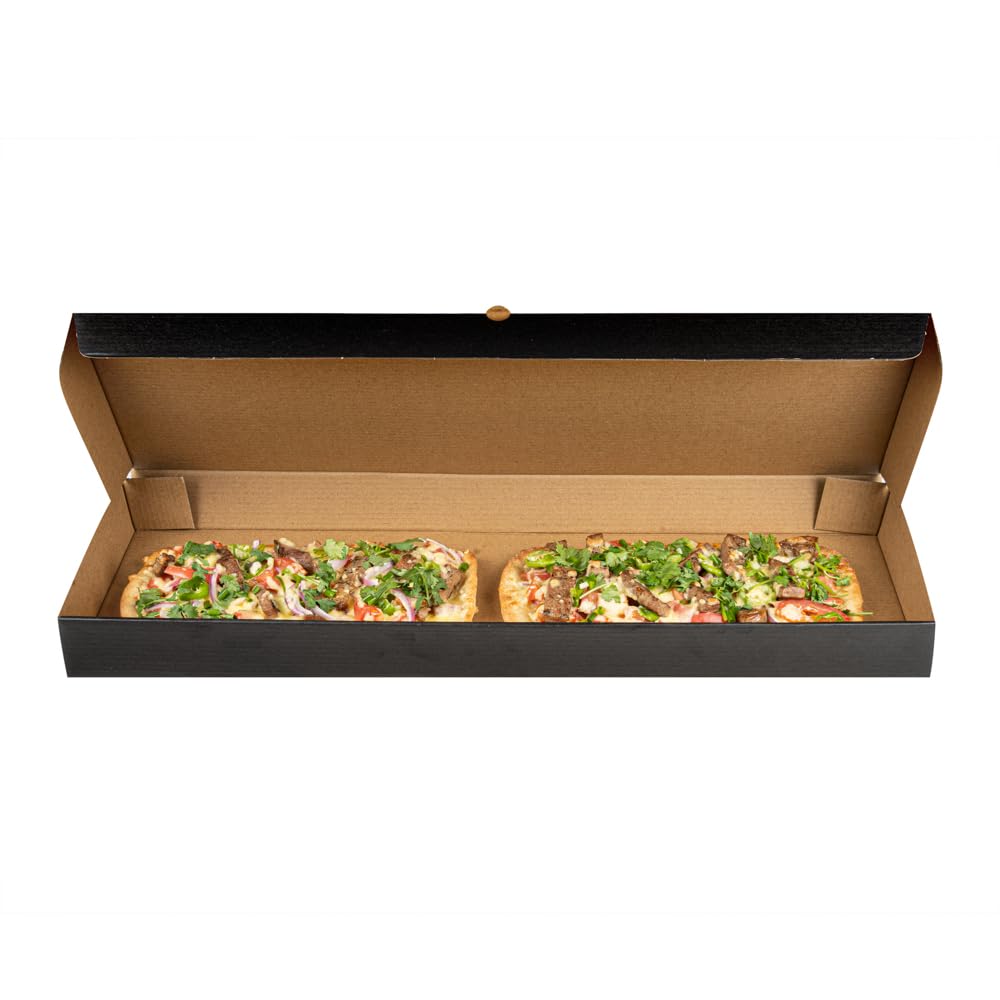 Eco-Friendly 24 x 12 x 2 Inch Flatbread Takeaway Boxes - 50 Pack Sturdy Corrugated Pizza Boxes with E-Flute Design & Tab-Lock System | Black & Kraft Paper Disposable Food Containers for Flatbreads, Pizzas, and Catering Events