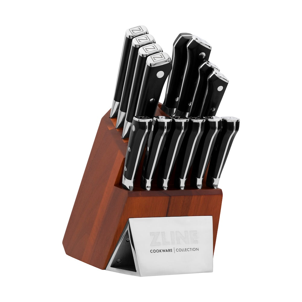 ZLINE 15-Piece Professional German Steel Kitchen Knife Block Set - High-Quality Chef Knives, Utility Knives & Steak Knives for Home Cooking & Professional Kitchens (KSETT GS 15) | Perfect for Meal Prep, Slicing, Dicing & Food Presentation
