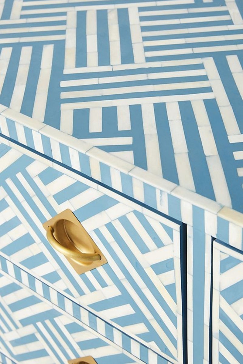 Handmade Bone Inlay Chest of Drawers - 6-Drawer Storage Cabinet with Optical Design in Sky Blue | Perfect for Bedroom, Living Room & Office Organization