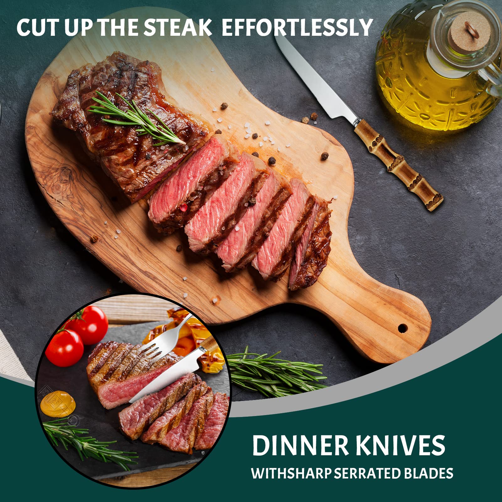 60-Piece Bamboo Handle Stainless Steel Flatware Set - Eco-Friendly Cutlery for 12 People, Dishwasher Safe Kitchen Utensils - Perfect for Dinner Parties, Camping & Sustainable Living