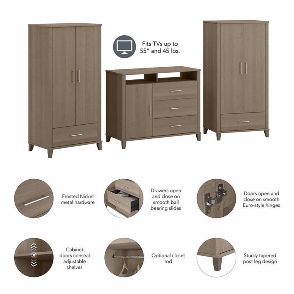 Bush Furniture Somerset Armoire with Dresser & TV Stand - Large Bedroom Storage Cabinet in Ash Gray | Perfect for Organizing Clothes, Media & Accessories in Master Bedrooms, Guest Rooms & Apartments