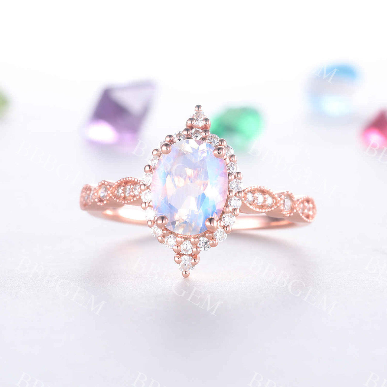 Vintage Rose Gold Moonstone Engagement Ring with Floral Halo Diamond - Elegant Bridal Promise Ring for Wedding, Proposal & Anniversary Gifts
