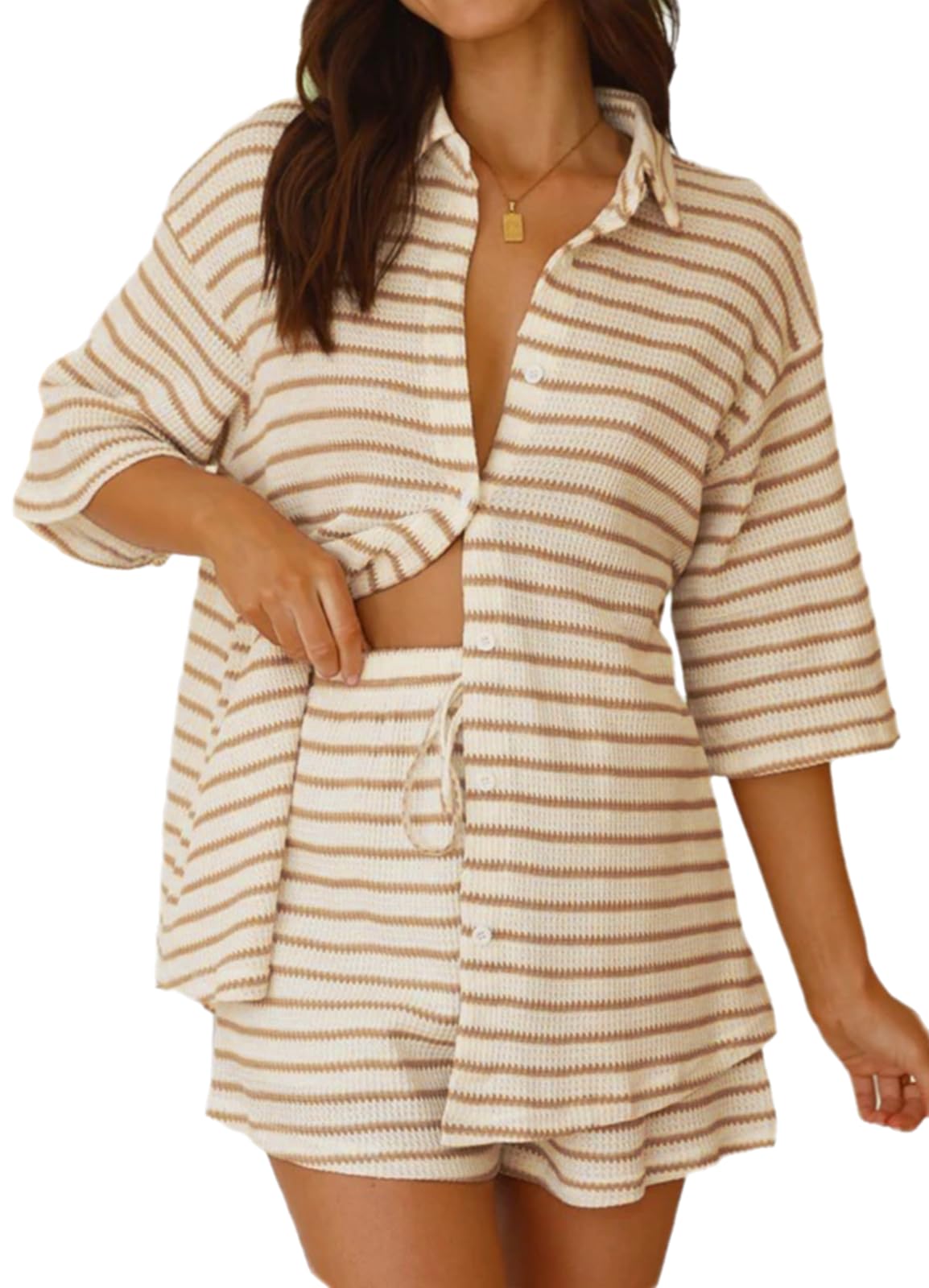 VOIKERDR Women's 2-Piece Lounge Set - Crochet Cardigan Sweater with 3/4 Sleeves & Matching Shorts | Soft Comfort Outfit for Fall 2024 | Perfect for Home Relaxation, Casual Outings & Vacation Wear