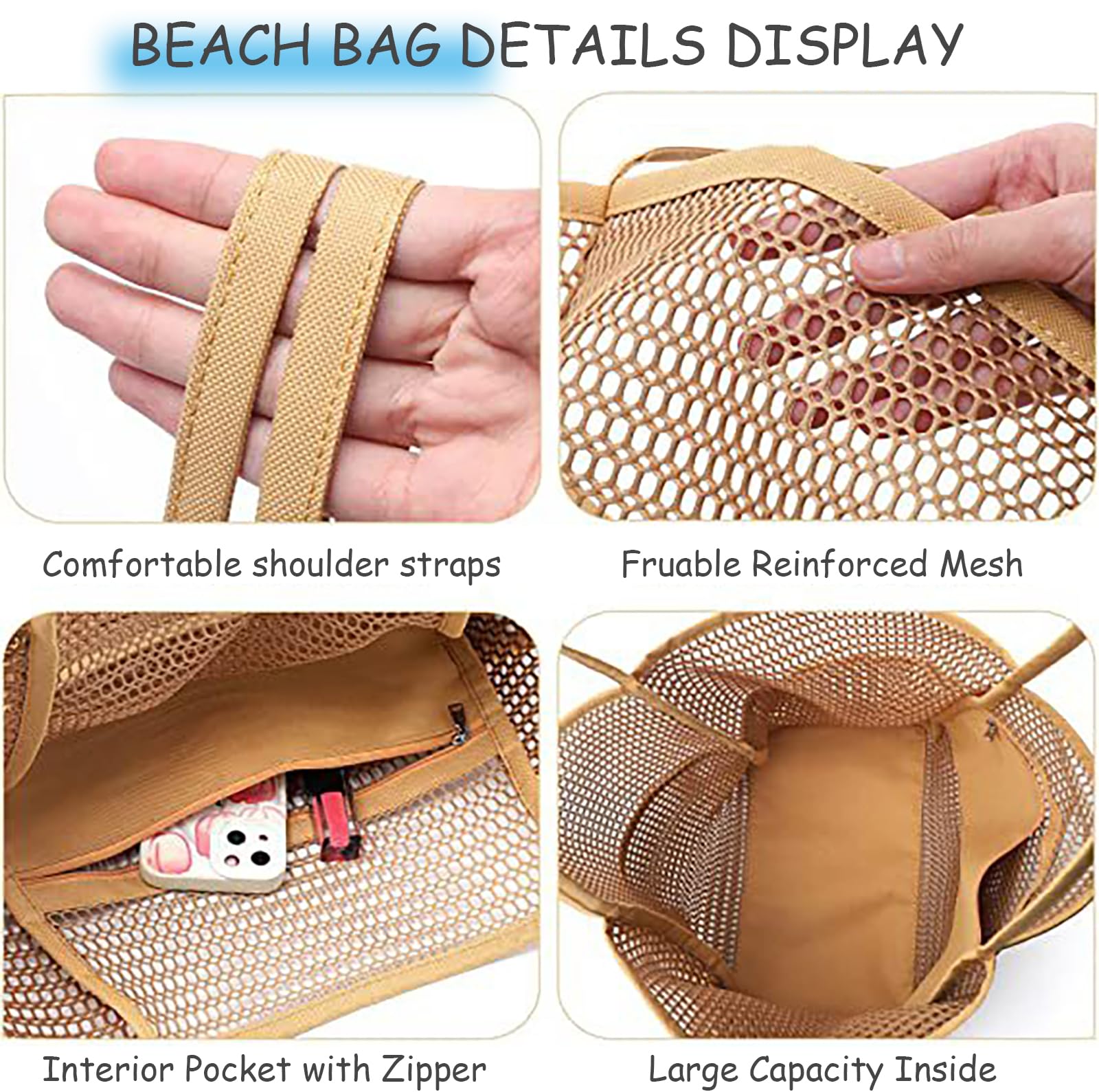 Stylish Mesh Beach Tote Bag for Women - Large Reusable Pool Bag with Zipper | Perfect for Seaside Vacation, Swimming Pool, Beach Essentials & Summer Travel Accessories