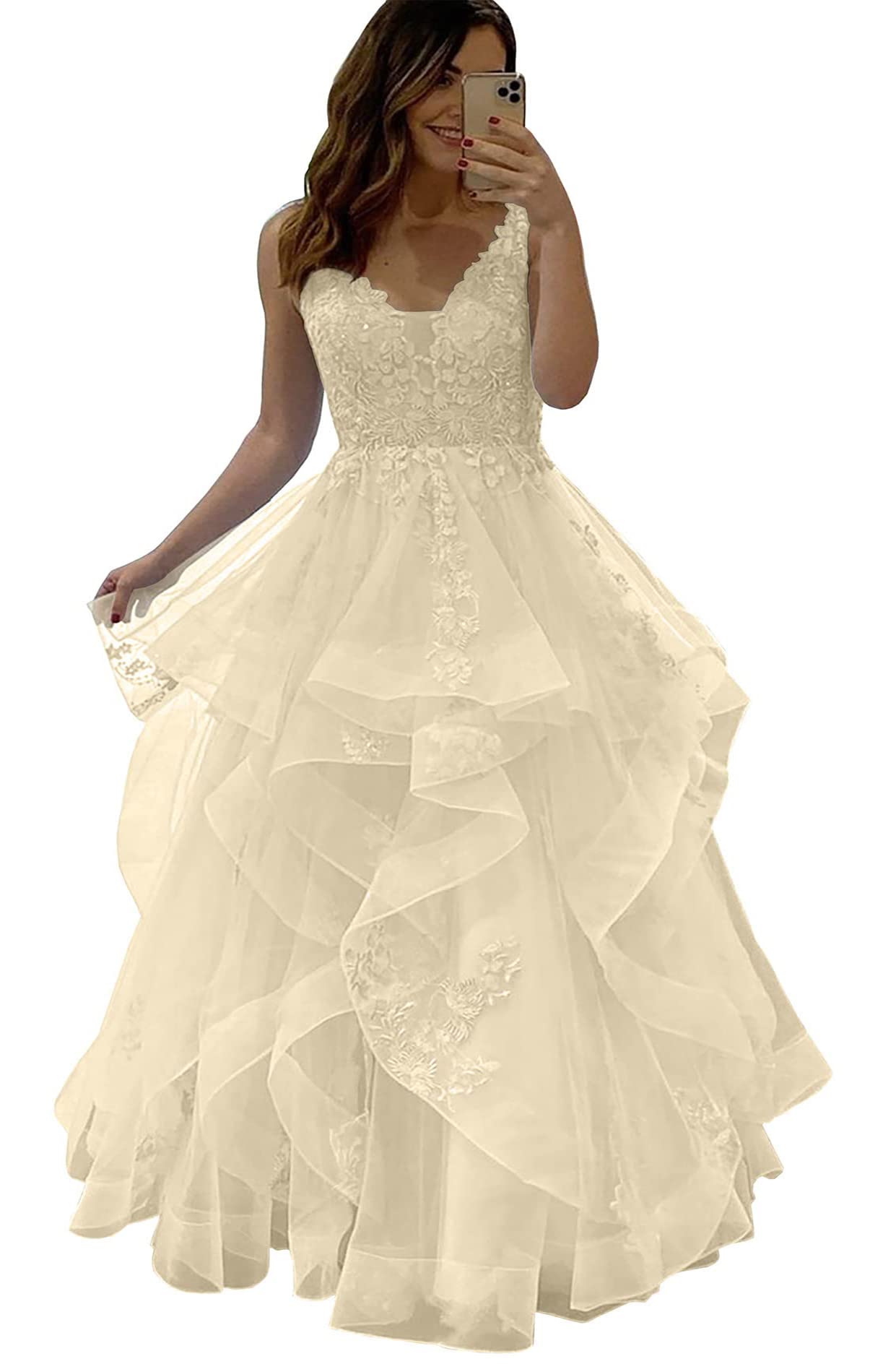 Elegant Women's Prom Dresses Long Ball Gowns Fluffy Layered Formal Evening Dress V Neck Tulle Lace Applique Sleeveless for Homecoming, Wedding, Party & Special Occasions
