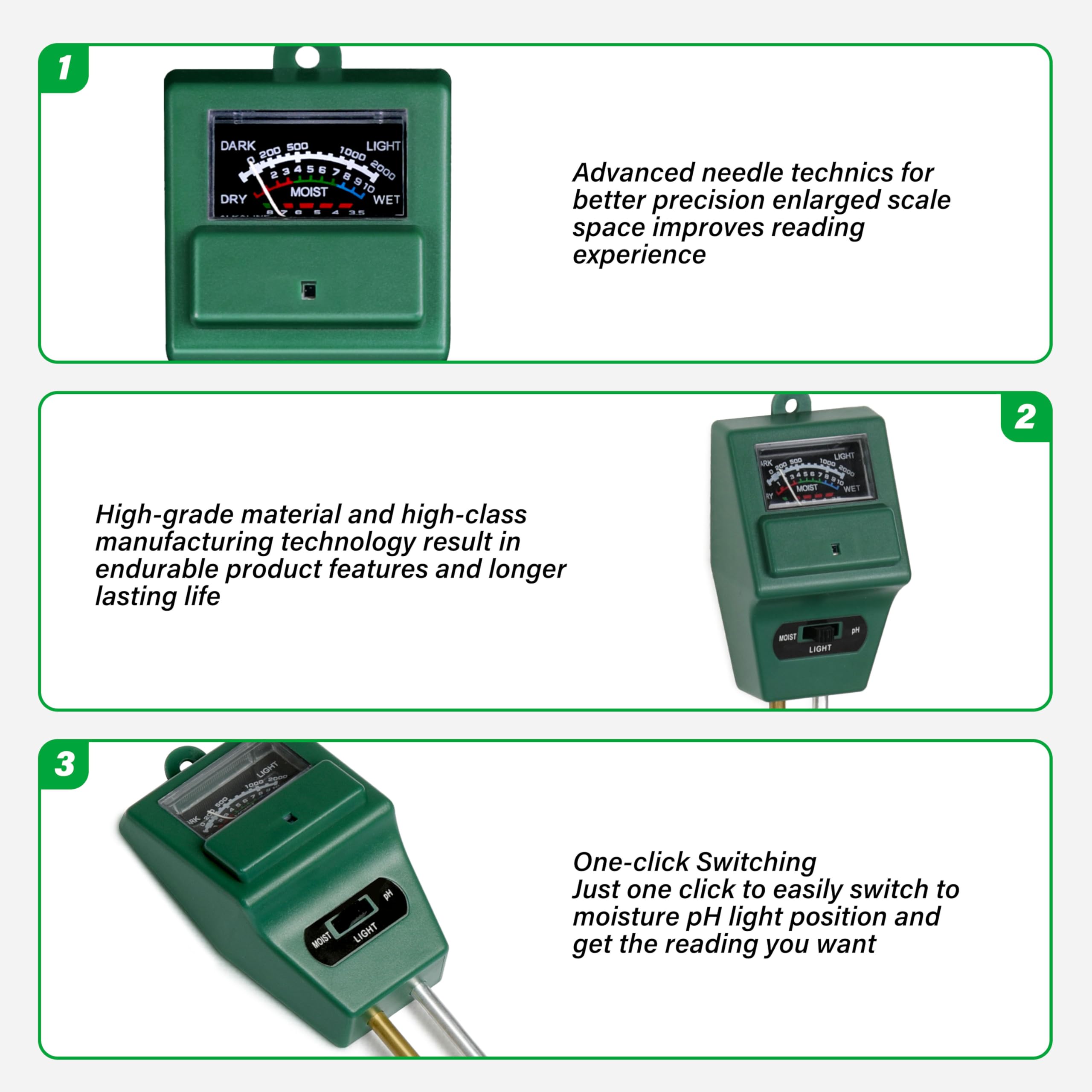 iPower 4-Pack 3-in-1 Soil Moisture/Light/pH Meter Tester Kit - Digital Plant Care Tool for Indoor Outdoor Gardening, Lawn, Farm, Houseplants - Green Square Design (Perfect for Home Gardeners & Professional Growers)