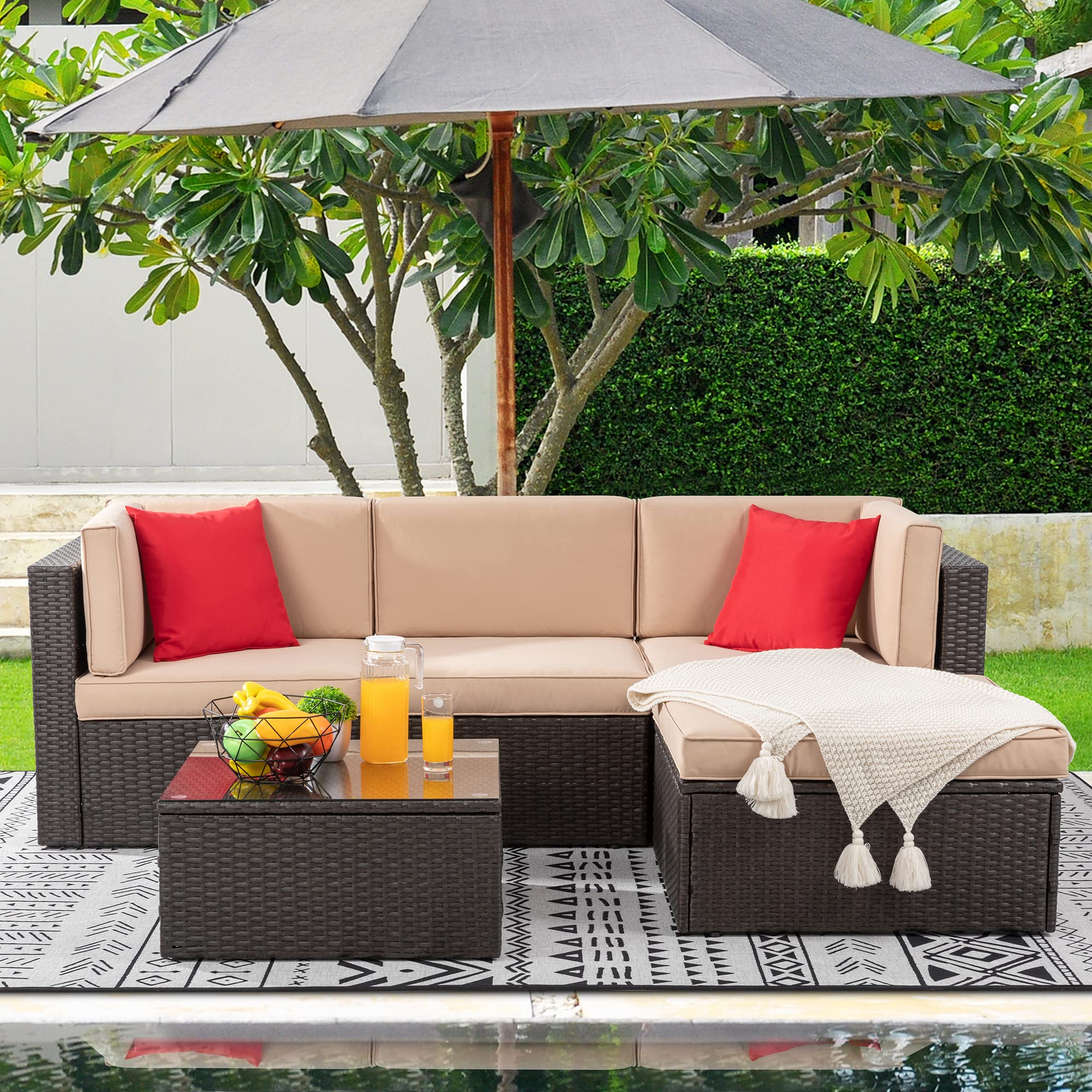 **Shintenchi 5-Piece All-Weather Outdoor Patio Furniture Set - PE Rattan Wicker Sectional Sofa with Glass Table, Ottoman, Cushions & Red Pillows - Perfect for Backyard, Garden, and Poolside Relaxation**