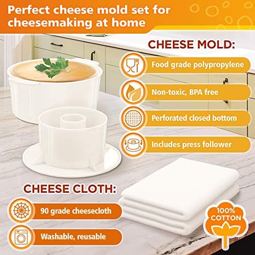 Grand Way Cheese Mold Kit with Follower & Reusable Cheesecloth - 100% Cotton Cheese Making Supplies for Pressing & Straining - Perfect for Homemade Paneer, Ricotta & Hard Cheeses - DIY Cheese Press Set for Beginners & Artisans