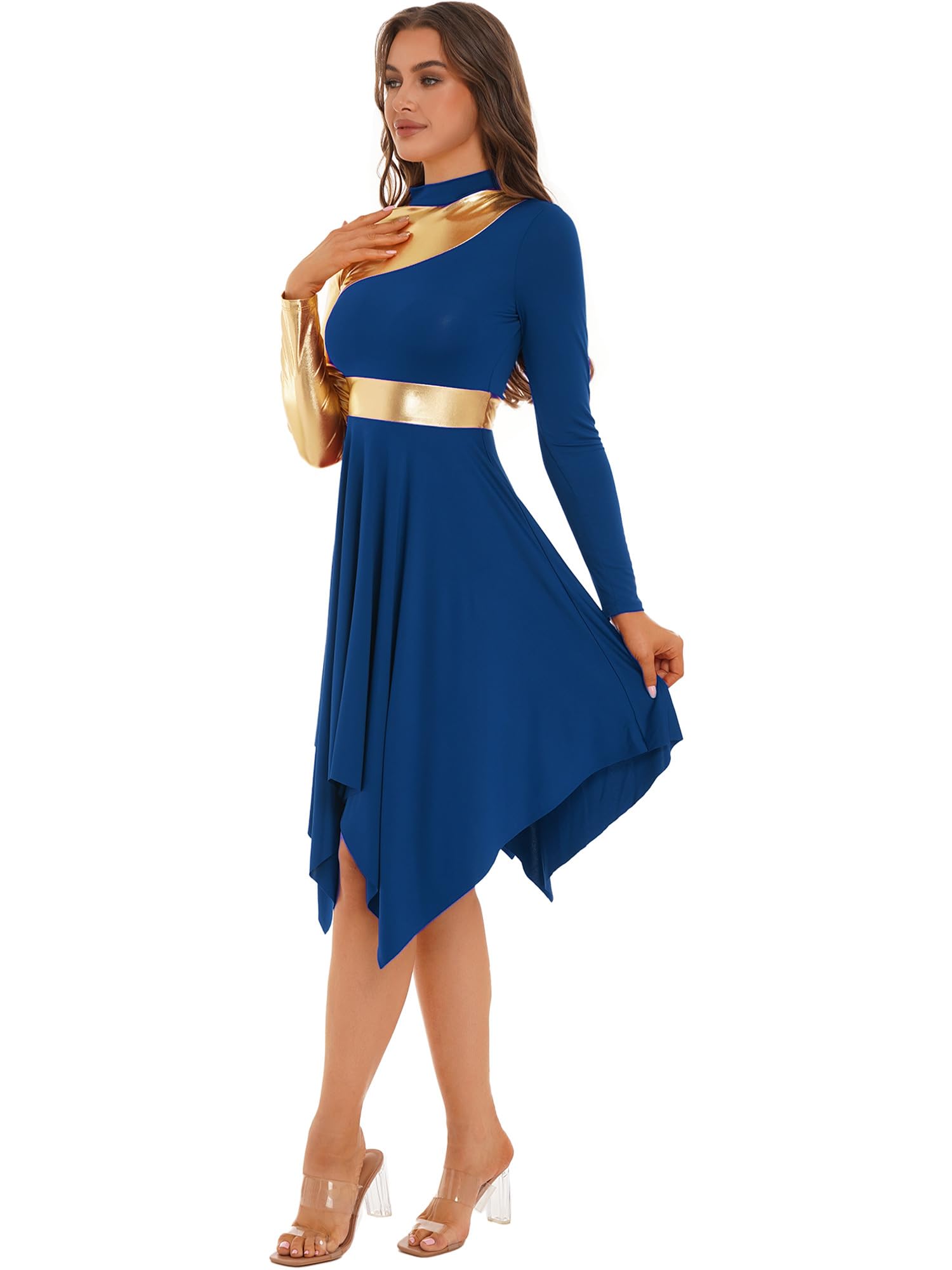 EasyForever Women's Metallic Gold Color Block Praise Dance Dress - Long Sleeve Worship Dance Overlay for Church Performances & Special Occasions