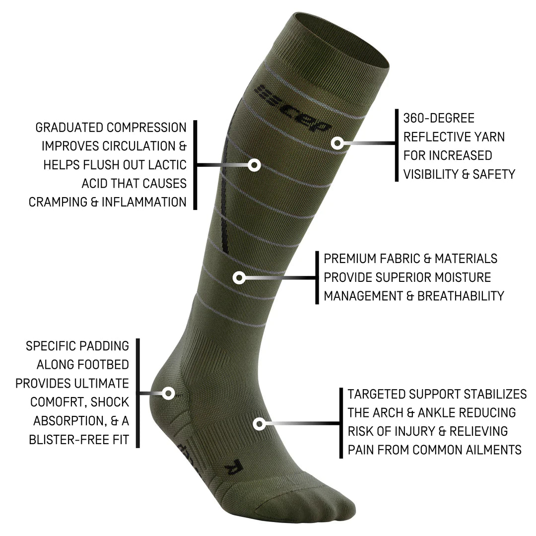 Reflective Compression Socks for Men - High Performance Tall Athletic Socks with Reflective Strips (Green) - Ideal for Running, Cycling & Nighttime Workouts