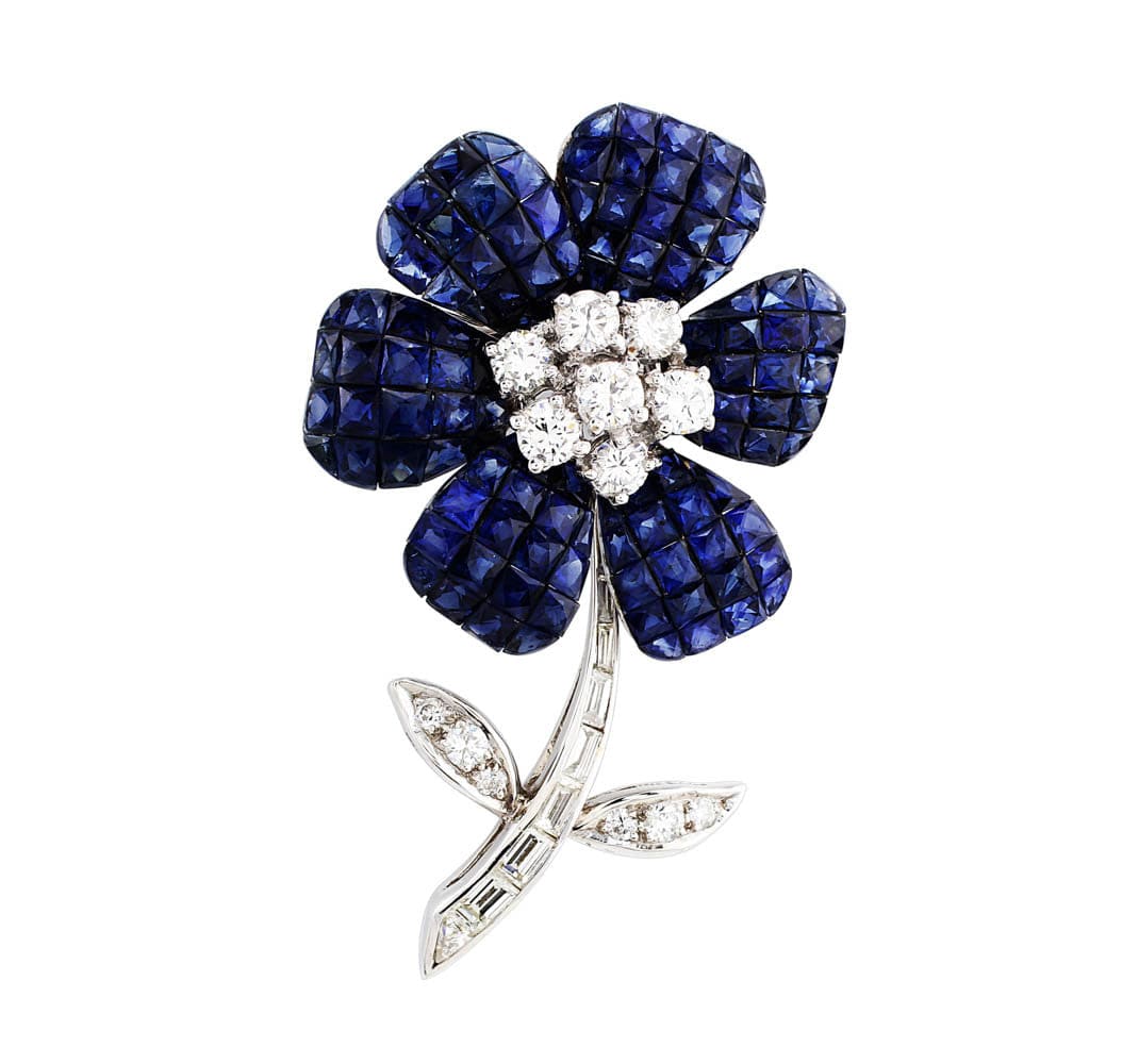 18K White Gold Invisible Set Sapphire and Diamond Flower Brooch Pin - Elegant Jewelry Gift for Women, Perfect for Weddings, Anniversaries and Special Occasions
