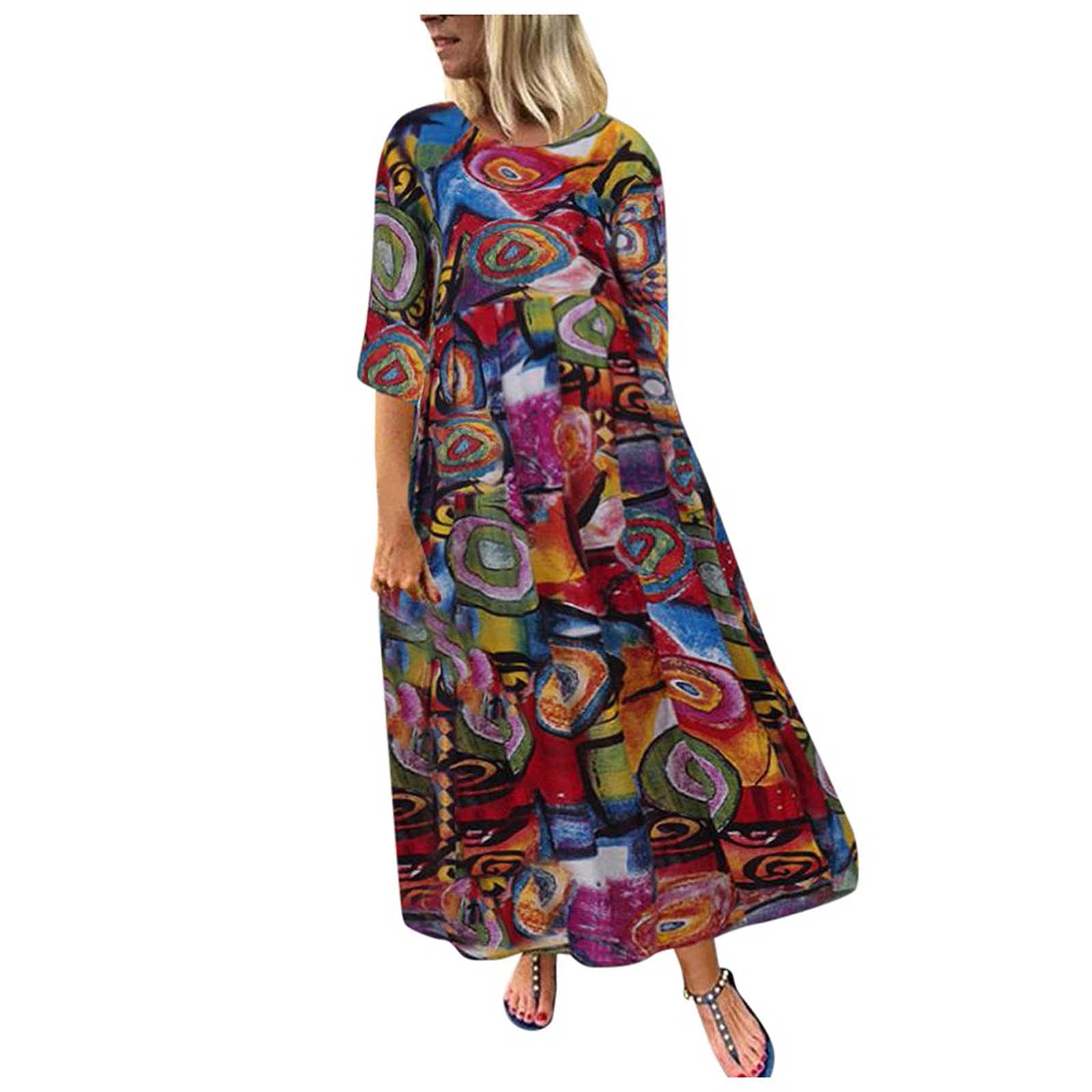 Plus Size Linen Dress for Women - 3/4 Sleeve Floral Midi Dress with Patchwork Print, Loose Fit Vintage Style | Perfect for Summer Outfits, Beach Vacations and Casual Occasions