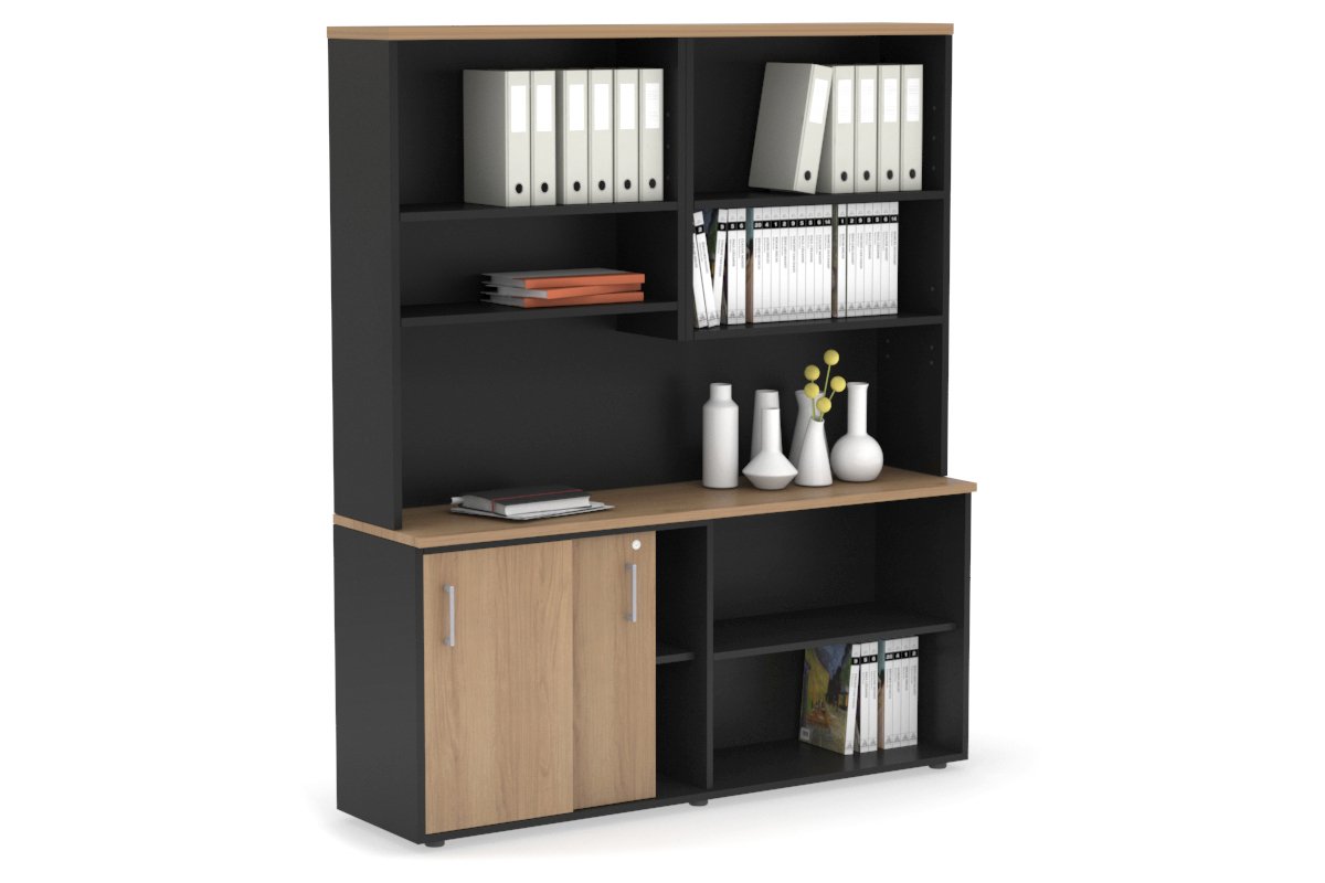 Modern 2-Door Sliding Credenza with Open Storage Hutch - Stylish Home Office & Living Room Furniture for Organization & Display
