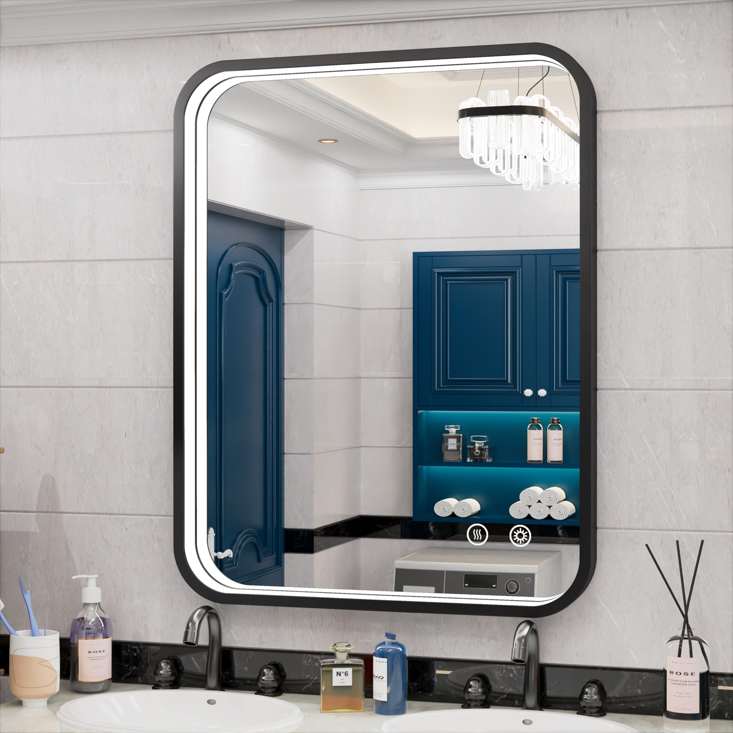 28x36 Inch LED Bathroom Mirror with Lights - Wall Mounted Black Rectangle Anti-Fog Mirror with Dimmable LED Lighting, Non-Rusting Metal Frame - Perfect for Vanity, Makeup, Shaving and Home Decor