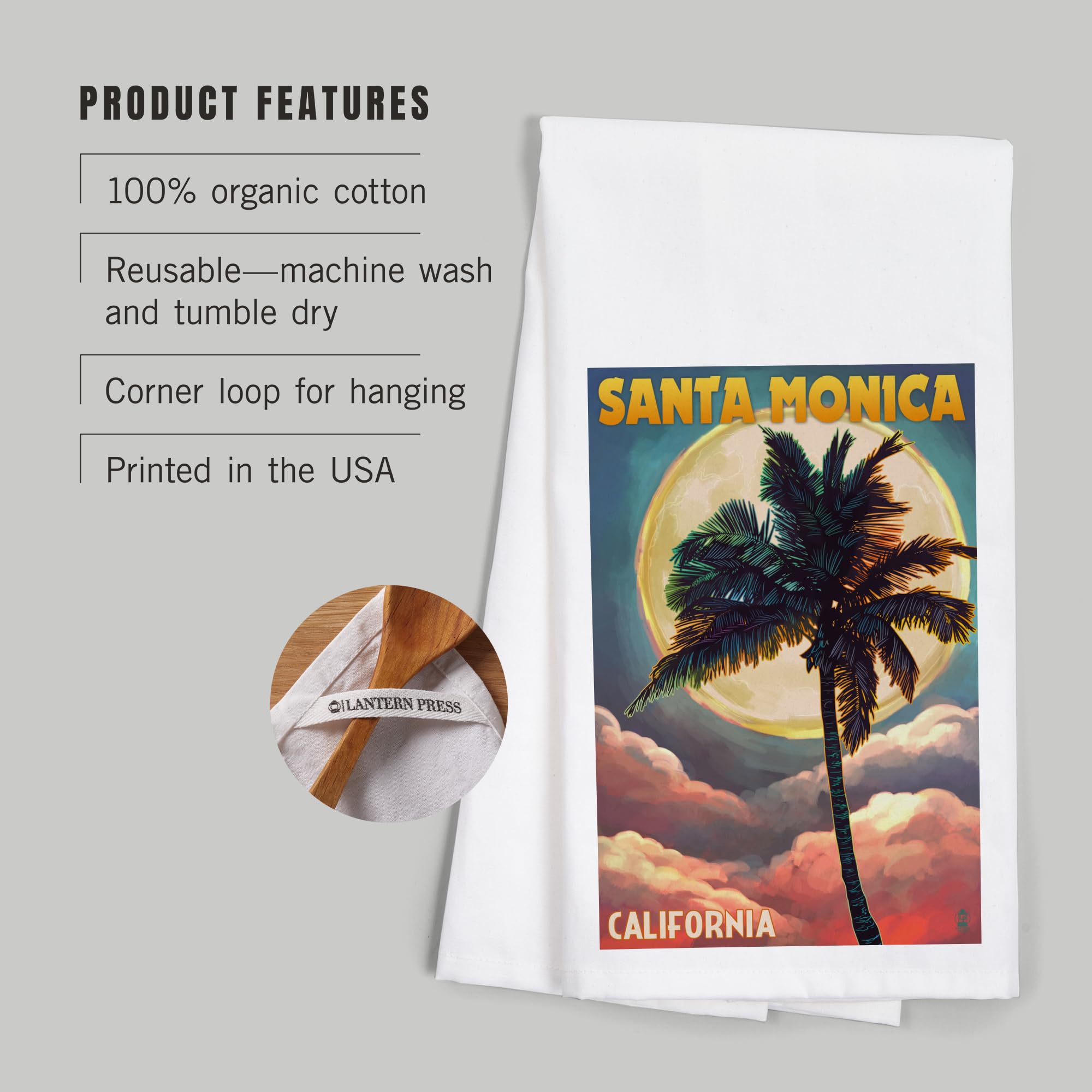 Santa Monica California Palm & Moon 100% Cotton Tea Towel - Decorative Hand Towel for Kitchen, Home Decor, Gift - Perfect for Drying Dishes, Decorating, and Beach House Style