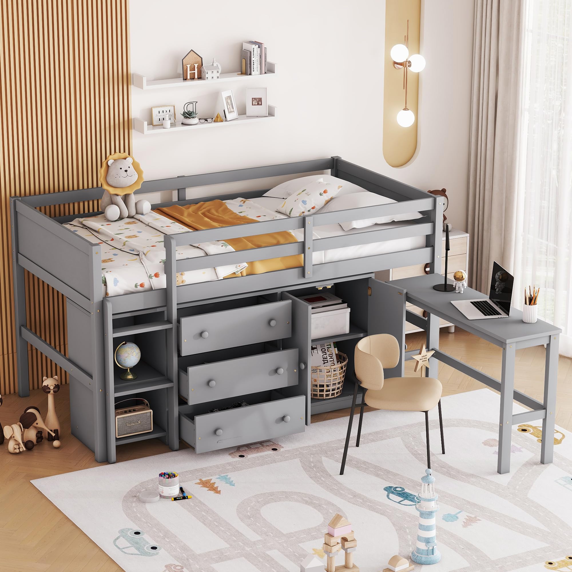 SOFTSEA Twin Size Low Loft Bed with Pull-Out Desk, Drawers, Cabinet & Shelves - Sturdy Wood Frame with Support Slats - Space-Saving Gray Loft Bed for Kids & Teens - Perfect for Small Bedrooms, Dorms & Studio Apartments