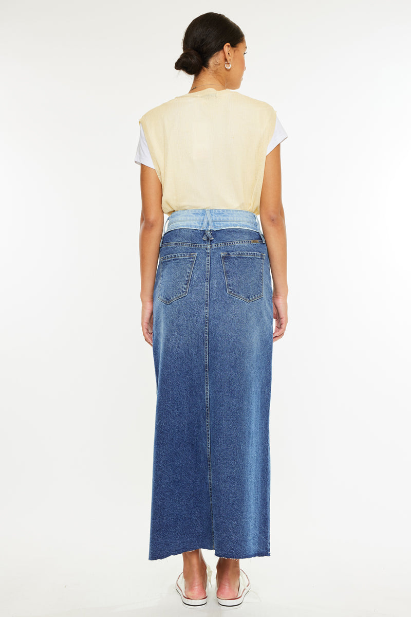 Kiki Two Tone Maxi Denim Skirt for Women - High Waist Vintage Blue Denim Long Skirt | Perfect for Casual Outfits, Summer Dresses & Boho Style