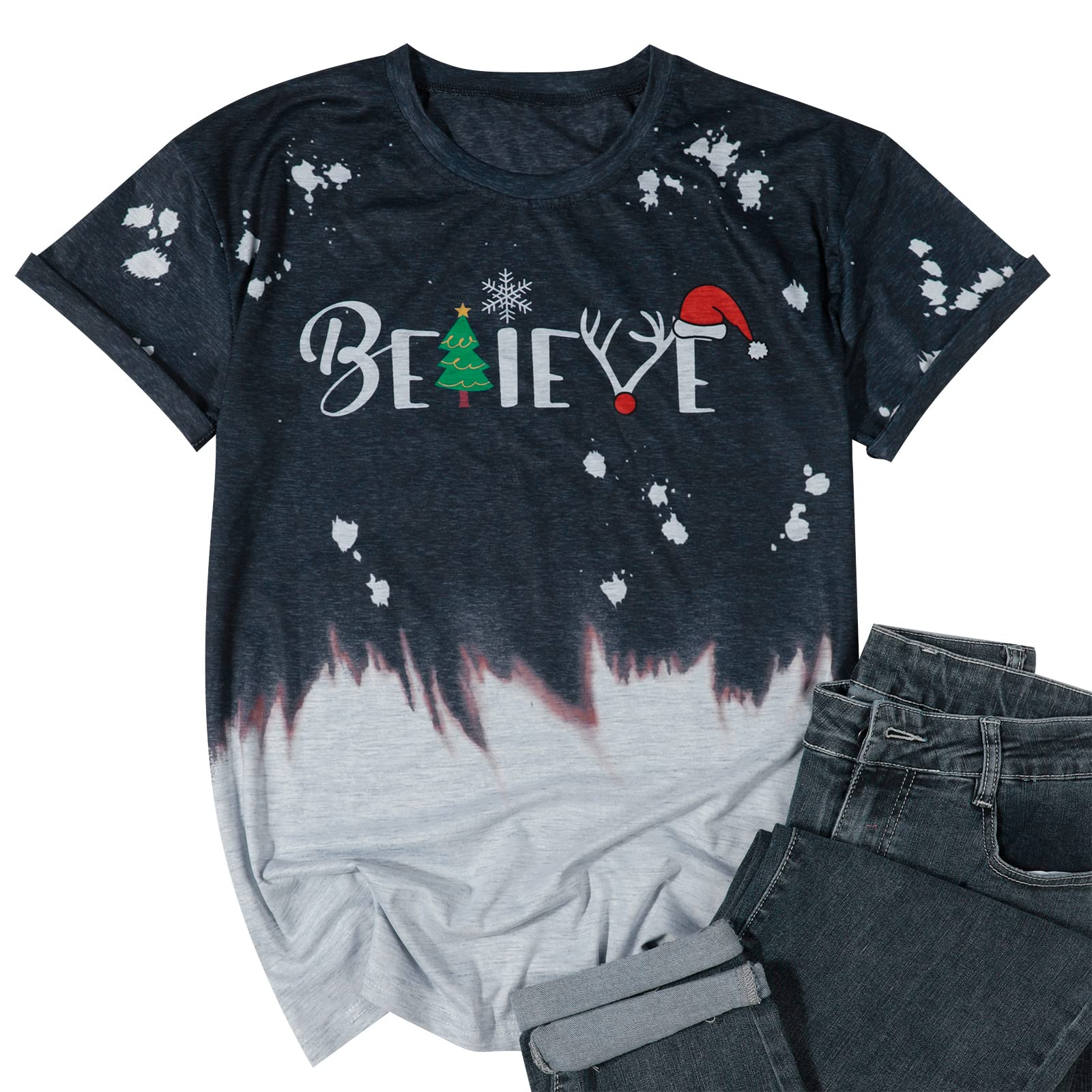 Christmas Believe Tree Graphic Tee - Cute Short Sleeve T-Shirt for Women | Holiday Party Outfit, Gift Exchange & Family Photos