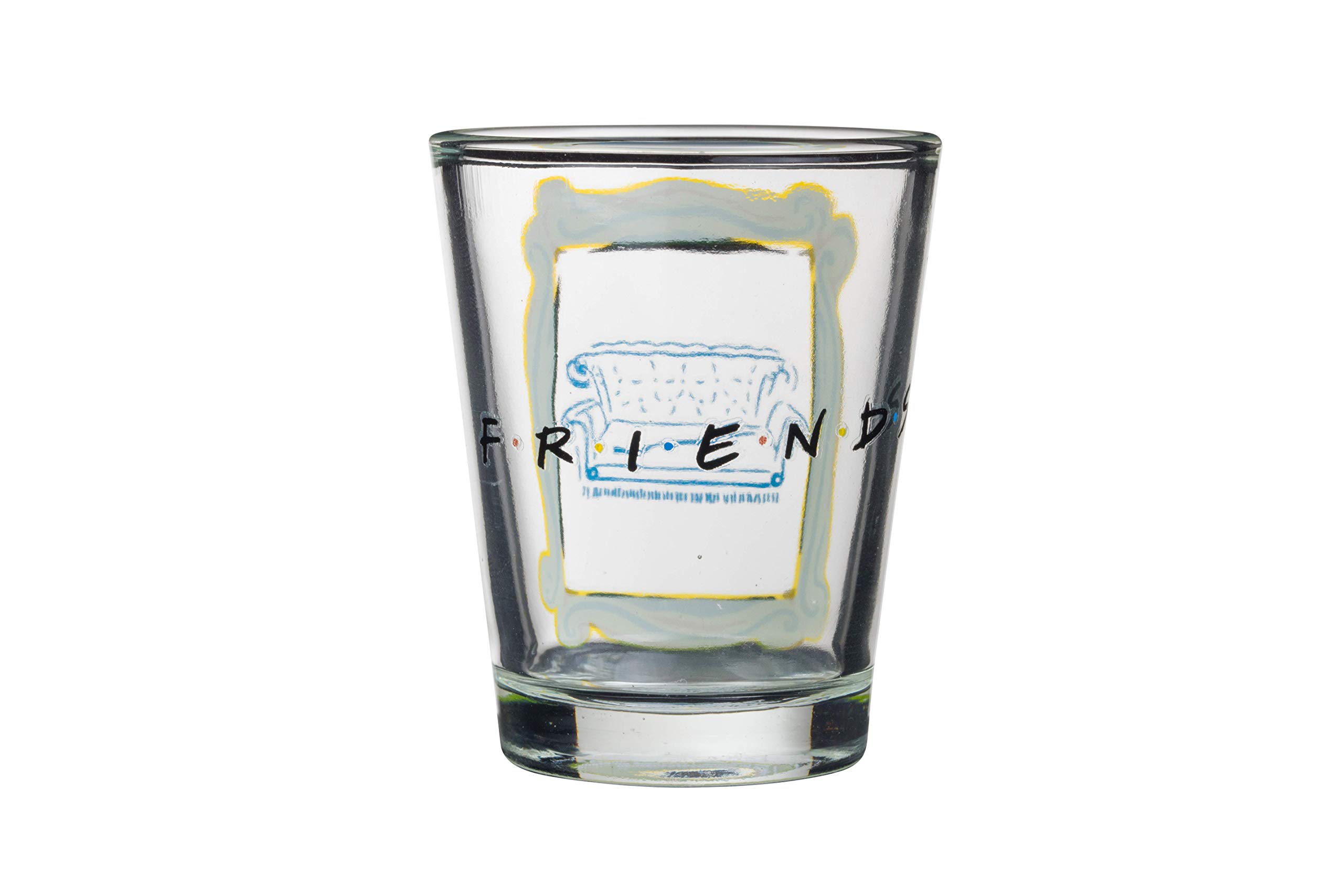 Friends TV Show Mini Glasses 4-Pack – Iconic Lobster, Smelly Cat, Regina Phalange & Central Perk Couch Designs in Yellow Frame (1.5 oz) – Perfect for Themed Parties, Collectibles & Fan Gifts