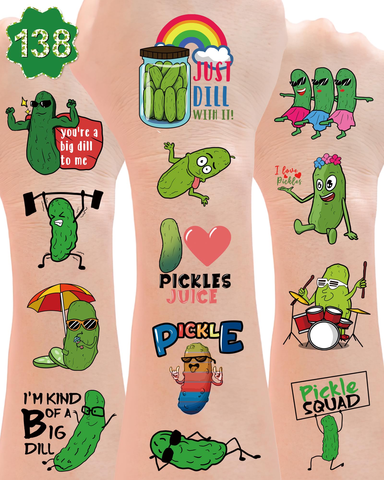 138 PCS Funny Pickle Temporary Tattoos & Stickers - Perfect Gift for Pickle Lovers, Great for Pickle Themed Parties, Birthday Decorations and Party Favors - 15 Sheets (Ideal for Halloween Costumes, Water Bottle Decals & Fun Body Art)