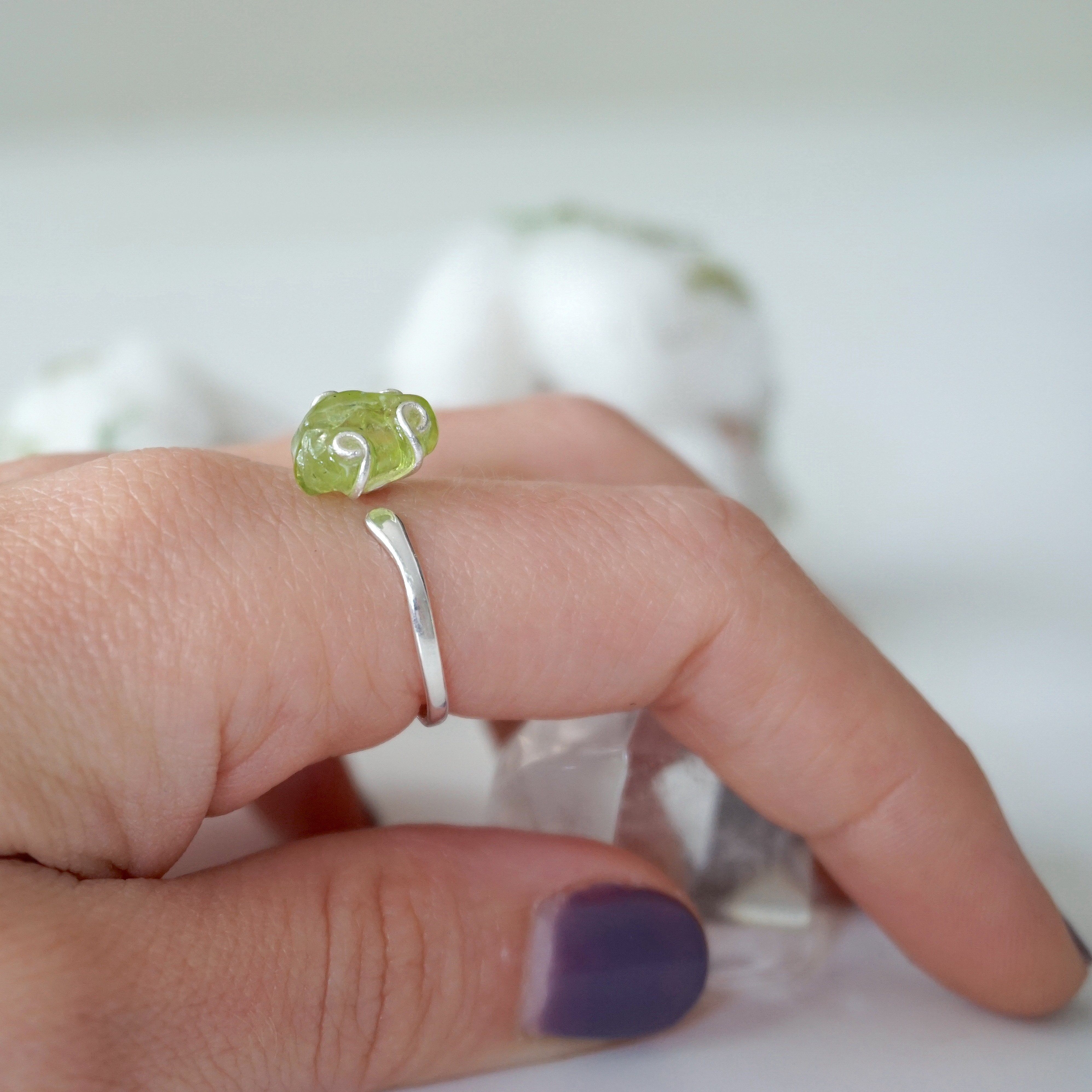 Raw Green Peridot Crystal Adjustable Ring in Sterling Silver - Perfect for Boho Jewelry, Healing Crystal Gifts & Everyday Wear