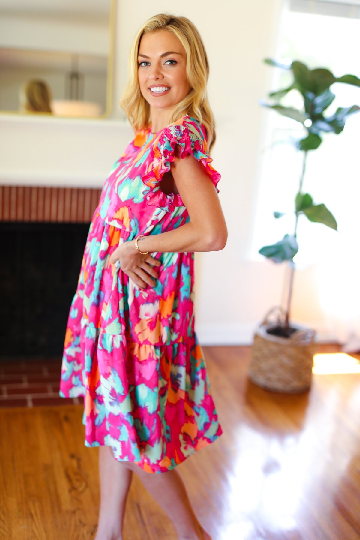Look of Love Fuchsia Abstract Floral Print Smocked Ruffle Sleeve Dress for Women | Elegant Party & Wedding Guest Outfit