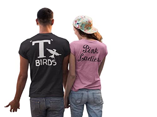Vintage 1950s T-Birds Black Shirt & Pink Ladies Shirt Set - Retro Couples Costume for Halloween, Sock Hop Party, Grease Themed Events - Men's & Women's Matching Outfits