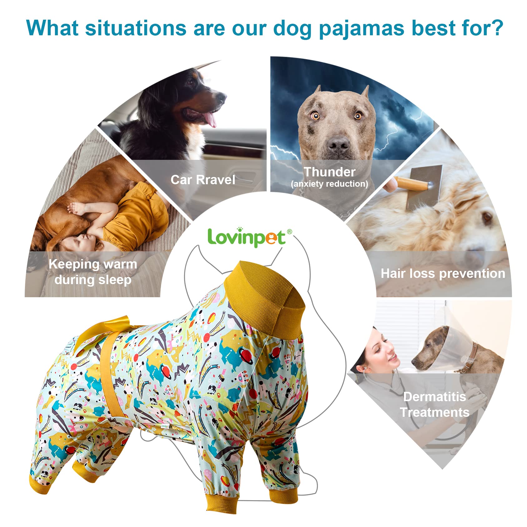 LovinPet Large Dog Pajamas - Mint Outer Space Print Onesie for Wound Care & Post-Surgery Recovery | UV Protection Anxiety Relief Shirt for Dogs | Comfortable Pet PJs in Yellow | Perfect for Post-Op Care, Anxiety Relief & Indoor Lounging
