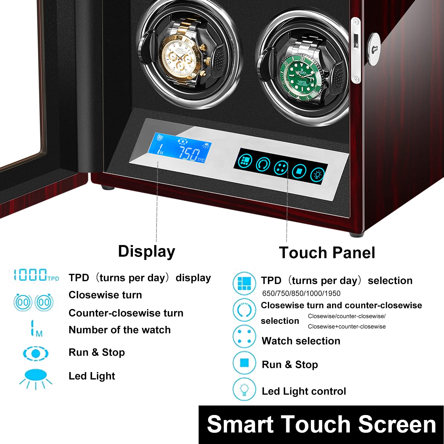 JQUEEN 6 Watch Winder with Piano Finish & High-Gloss Lacquer - Adjustable Watch Pillows, Quiet Japanese Mabuchi Motor, Built-in LED Light - Perfect for Automatic Watch Collection, Display & Storage at Home/Office