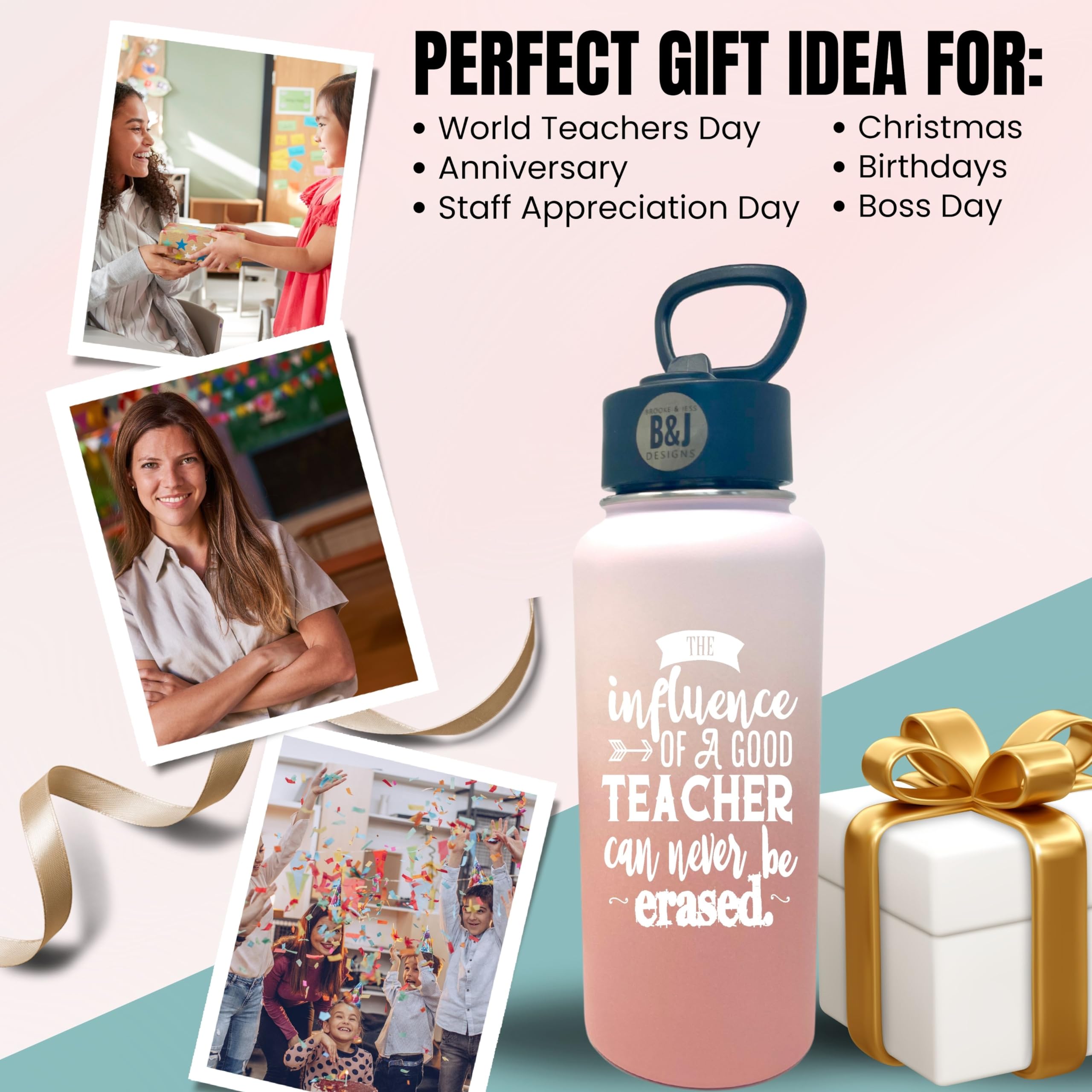 Insulated Teacher Water Bottle Tumbler - Best Teacher Appreciation Gift for Women, Birthday Present for New Teachers - Perfect for Classroom, School & Everyday Use