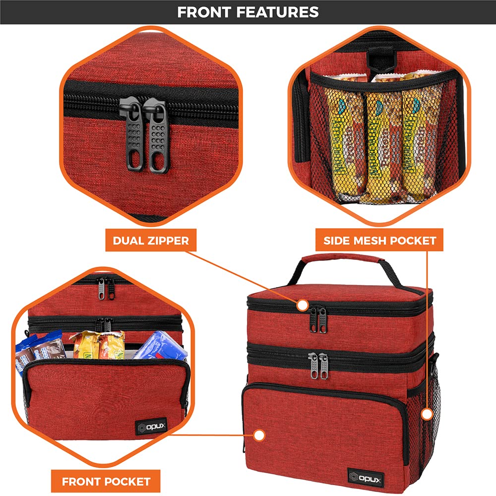 Premium Insulated Lunch Bag for Men & Women - Large Dual Compartment Cooler Tote with Shoulder Strap | Leakproof Soft Lunch Box for Work, School, Picnic & Outdoor Activities | Ideal for Adults & Kids (Red, Double Deck)