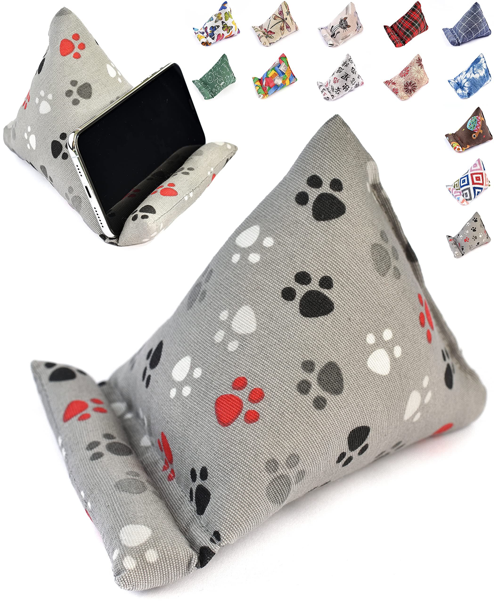 Handmade Fabric Phone Pillow Stand for iPhone & Smartphones - The Wedge Mobile Device Holder (7x6.1x5.5 Inches, Paws Design) - Perfect for Bed, Sofa, Desk & Travel Use