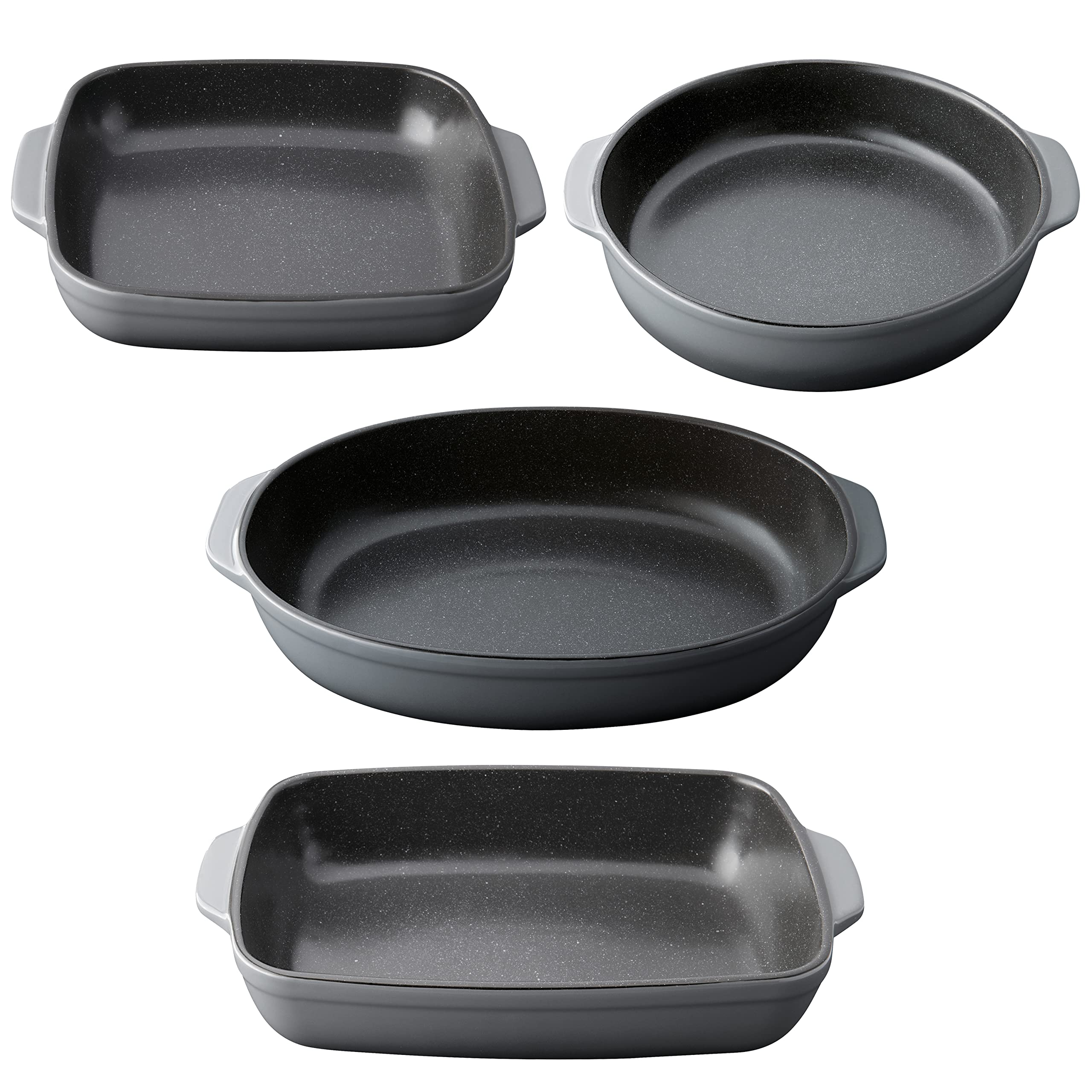 BergHOFF GEM Stoneware 4-Piece Baking Dish Set - Family Size Rectangular, Round, Square & Oval Bakeware with Safe Grip Handles, Even Heat Distribution & Matte Enamel Finish - Oven, Microwave & Dishwasher Safe - Perfect for Casseroles, Pies, Lasagna & Holiday Baking