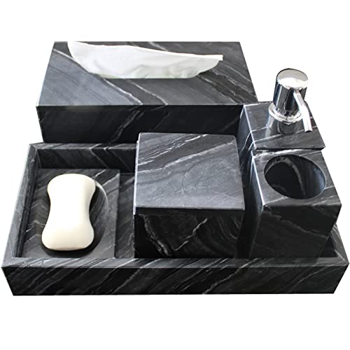Premium Natural Stone & Black Wood Marble Bathroom Accessory Set - 6-Piece Includes Soap Dispenser, Toothbrush Holder, Tumbler, Soap Dish & Tissue Box | Luxury Spa-Style Vanity Decor for Modern Homes & Hotel Bathrooms