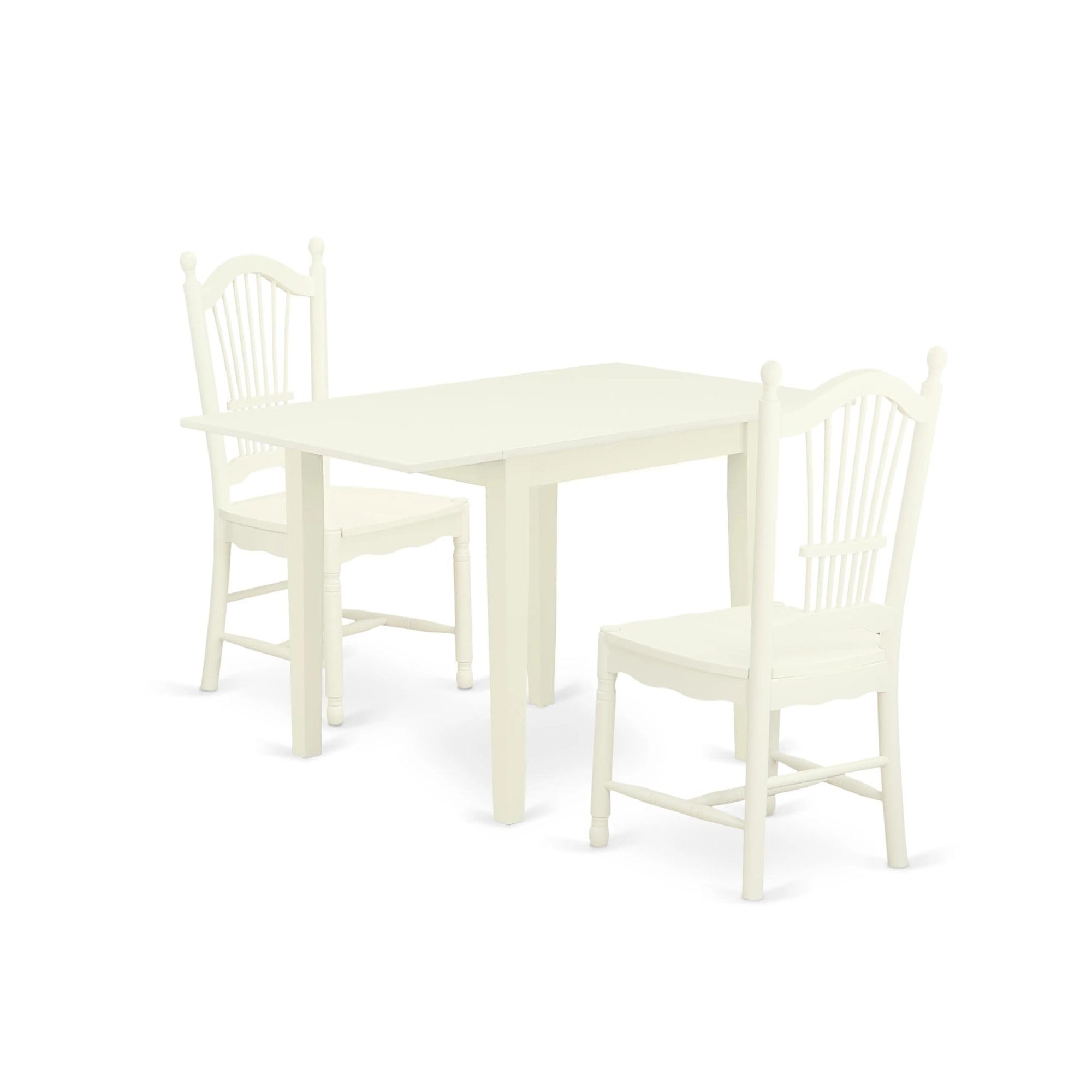 East West Furniture NDDO3-LWH-W 3-Piece White Linen Dining Set with Drop-Leaf Table (30x48 Inch) & 2 Chairs – Perfect for Small Kitchens, Breakfast Nooks & Cozy Apartments