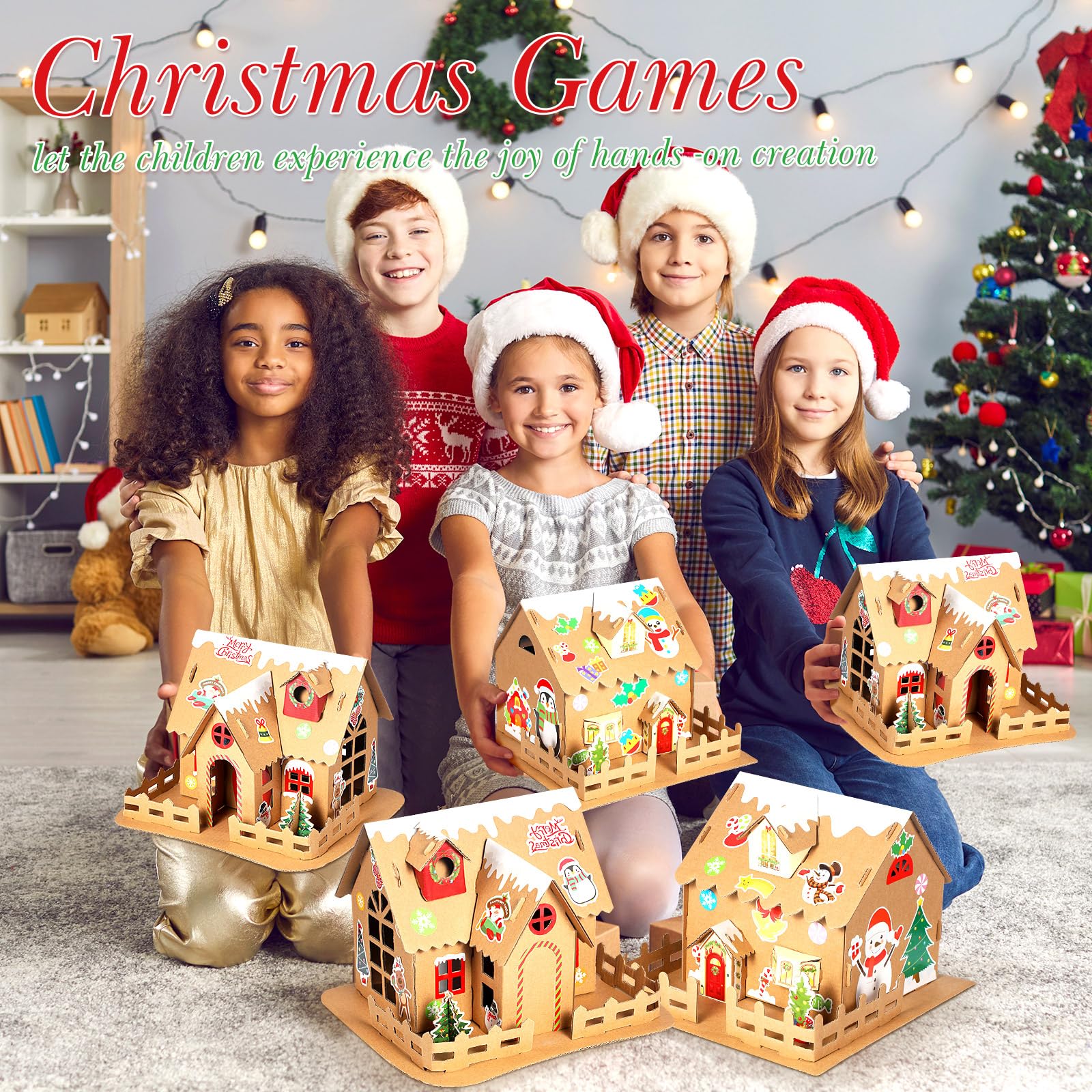 Hiboom 16-Piece Christmas Gingerbread House Craft Kit - DIY 3D Holiday Decorations for Kids, Boys & Girls - Perfect for Xmas Party Games, Classroom Activities & Family Crafting Fun