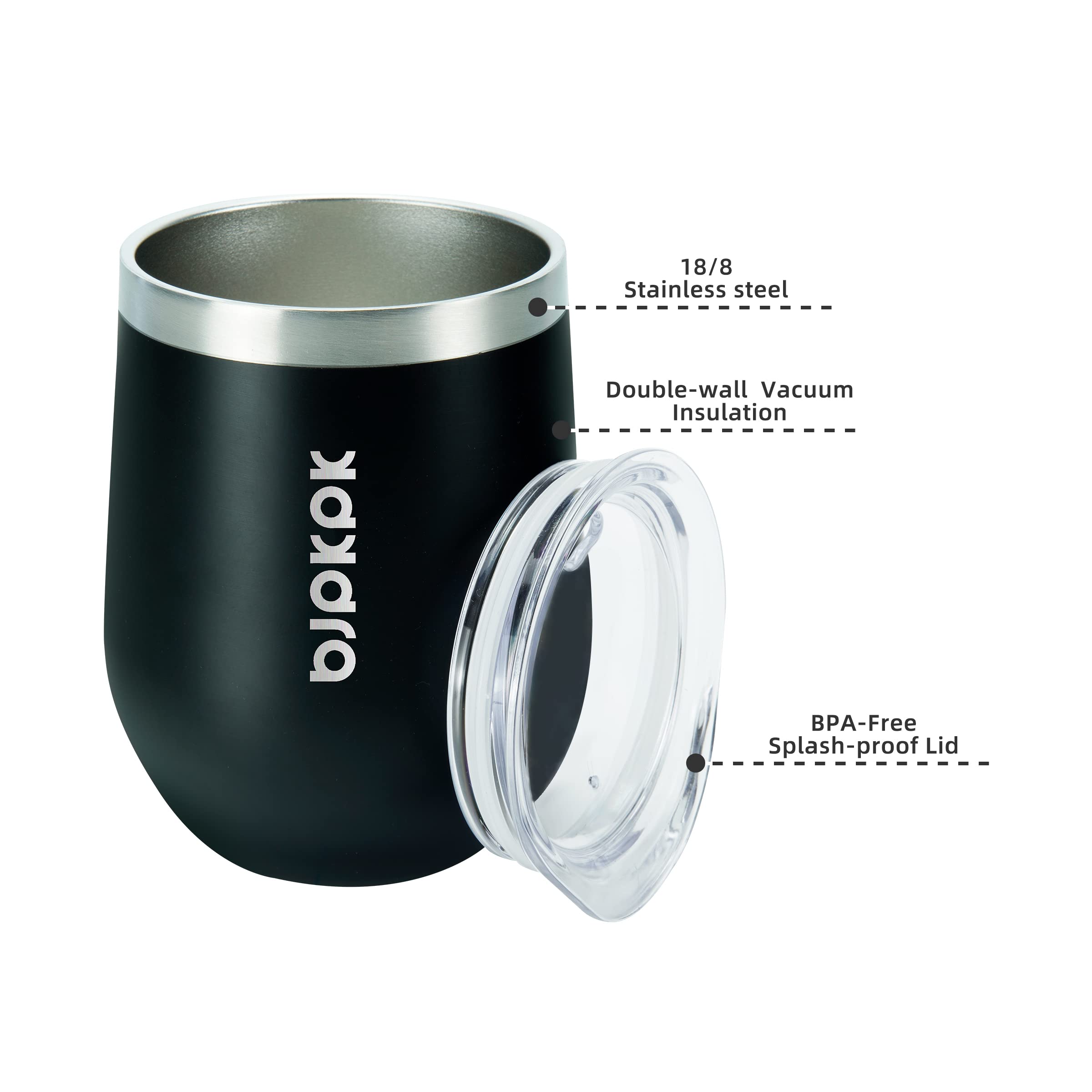 BJPKPK 2-Pack 12oz Insulated Stainless Steel Wine Tumblers & Coffee Mugs - Double Wall Vacuum Insulation, Leak-Proof Lid - Unbreakable Travel Wine Glasses for Home, Office, Camping & Outdoor Activities (Black)