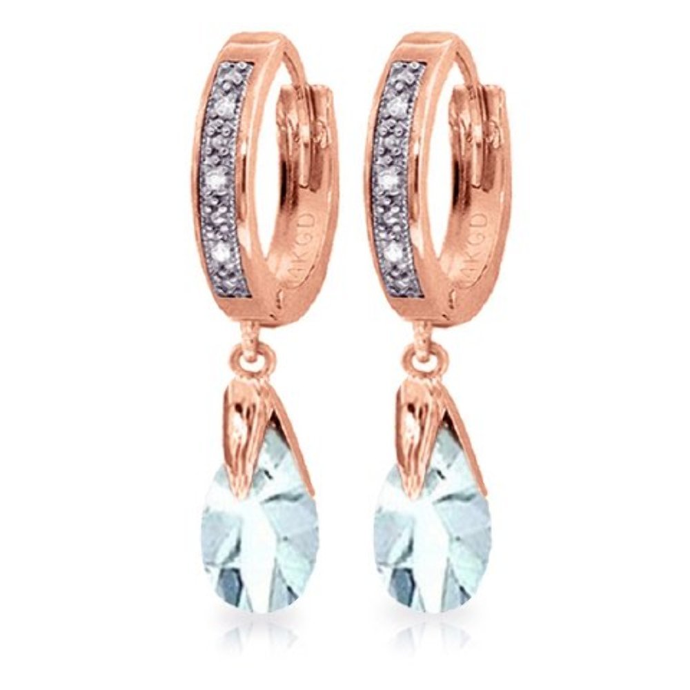 14K Rose Gold Hoop Earrings with Diamonds & Aquamarine Gemstones - Elegant Dangle Earrings for Women, Perfect for Weddings, Parties & Special Occasions