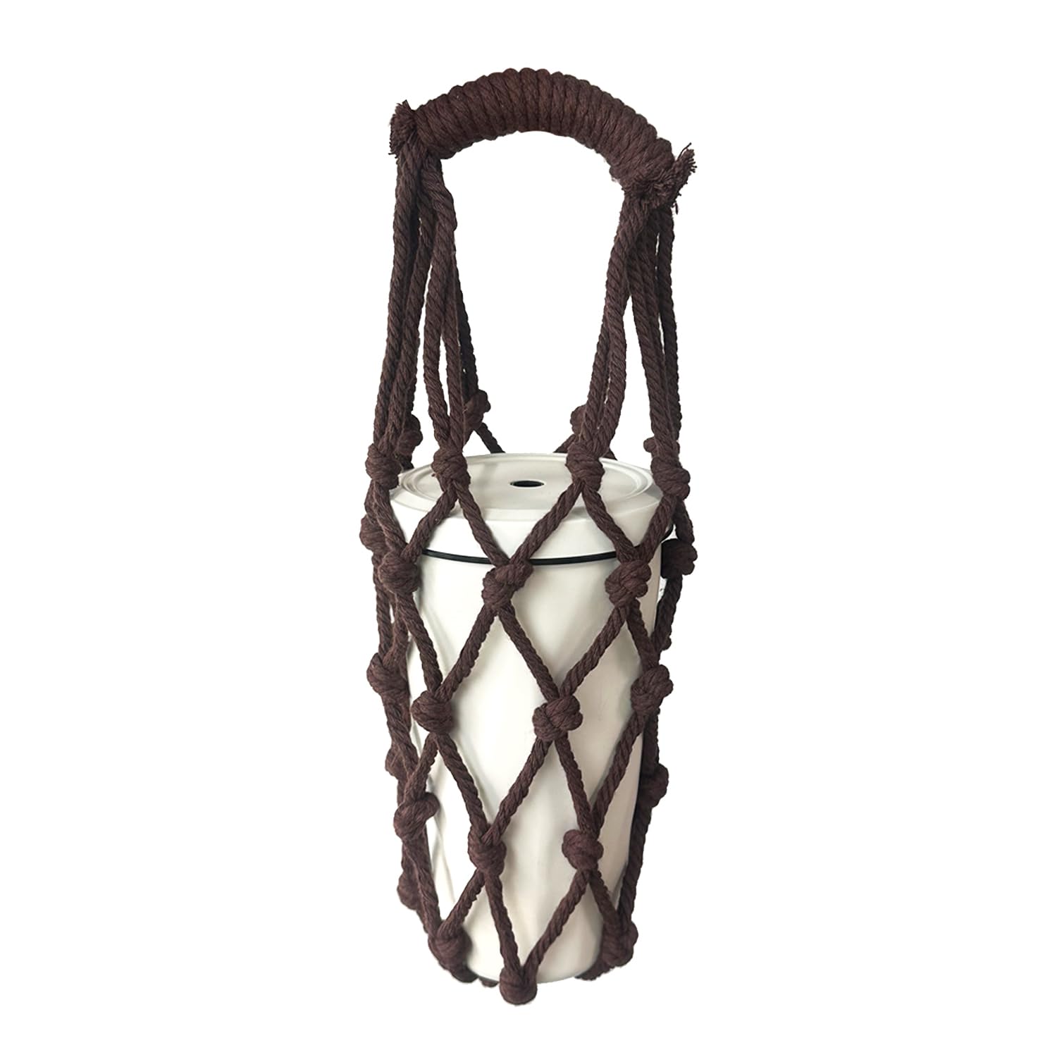 Eco-Friendly Handwoven Reusable Single Cup Holder with Handle - Travel Coffee Cup Hanging Carry Net Bag for Cruise, Office & Outdoor Activities (Brown) - Perfect for Coffee Lovers & Commuters