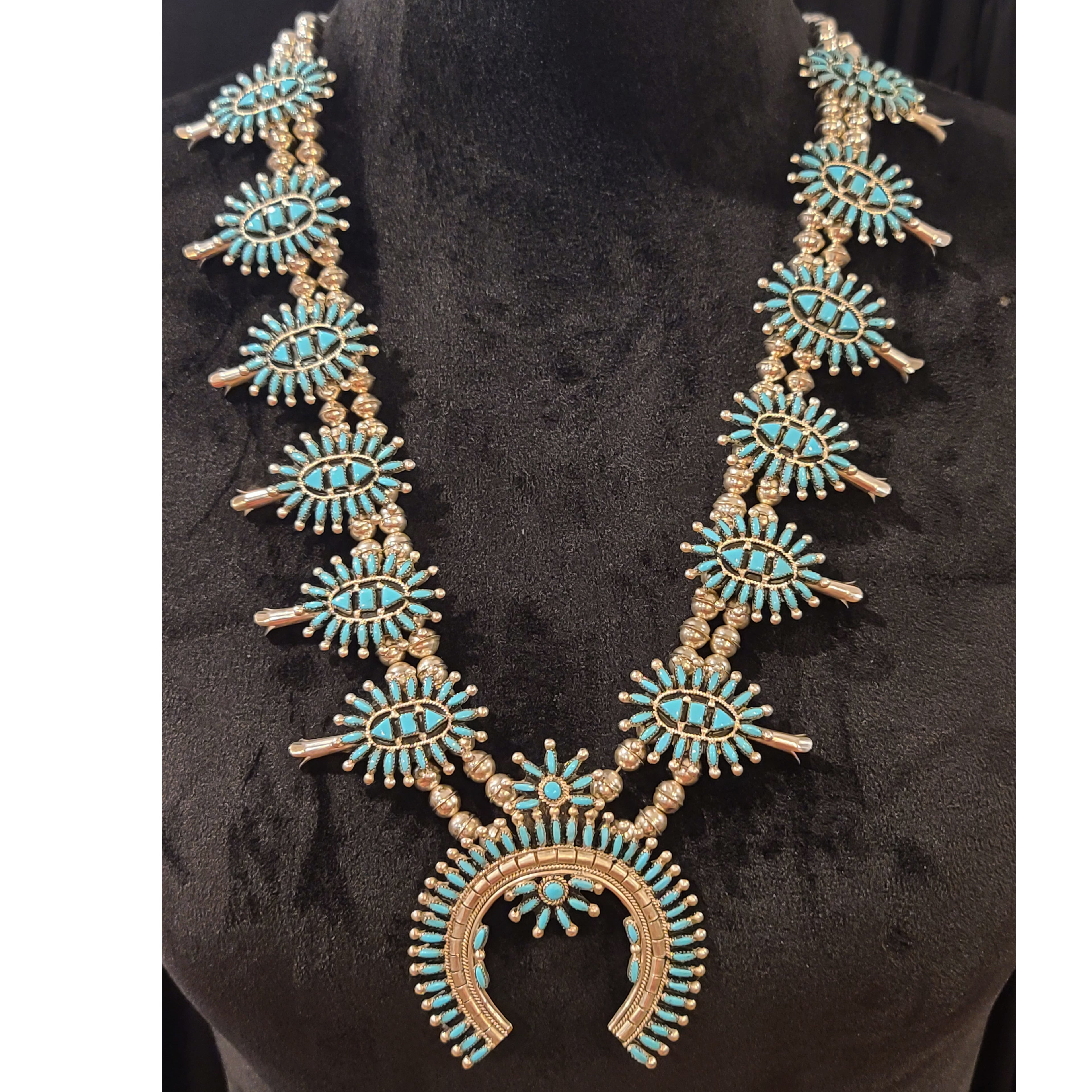 Authentic Zuni Needlepoint Squash Blossom Jewelry – Handmade Native American Turquoise Necklace for Women | Perfect for Festivals, Weddings & Boho Fashion
