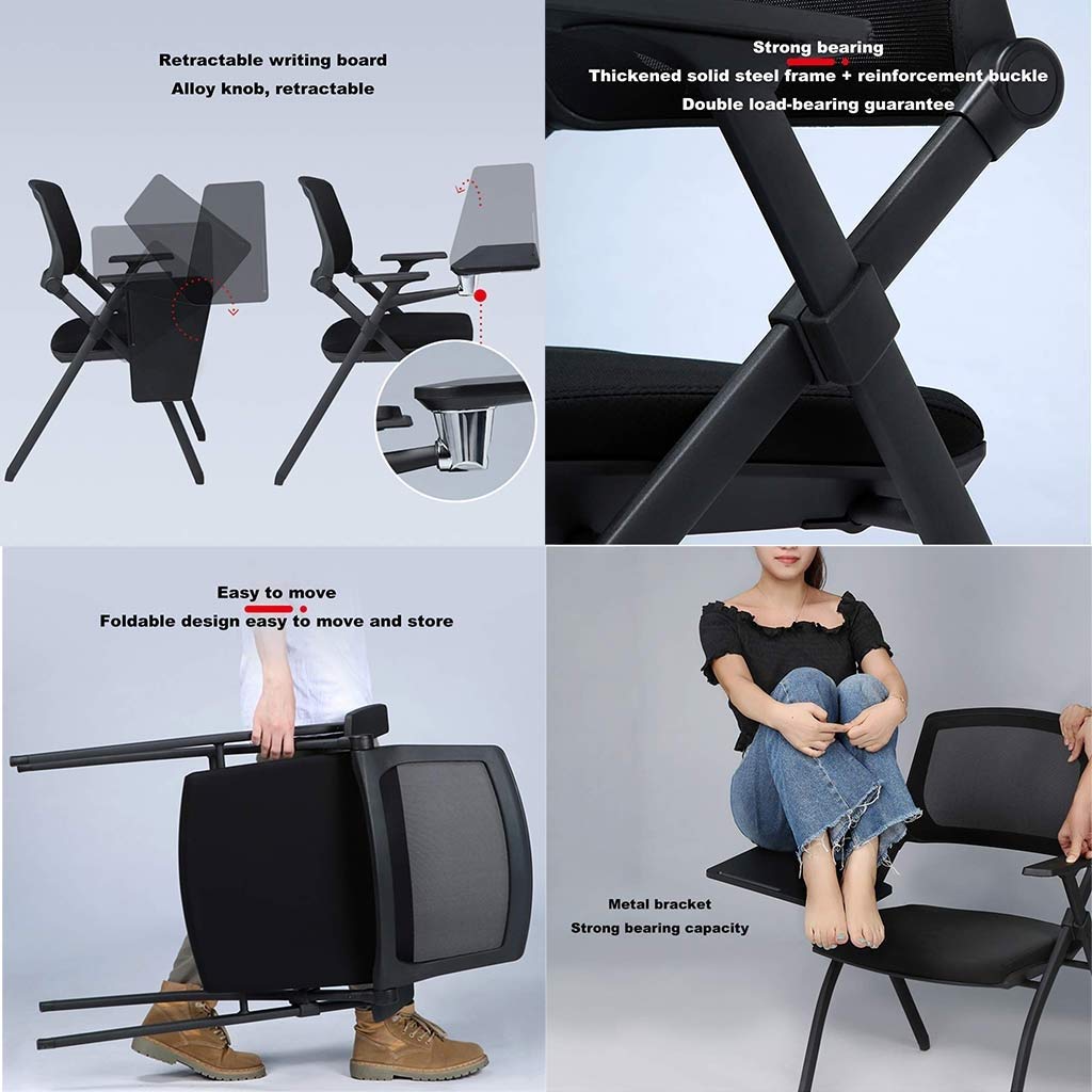Ergonomic Adjustable Office Chair with Writing Board & Cup Holder - Foldable Conference Chair for Training, Meetings & Home Office - Thickened Padded Seat & Backrest (Black, 90x60cm) - Perfect for Workspaces, Classrooms & Small Spaces