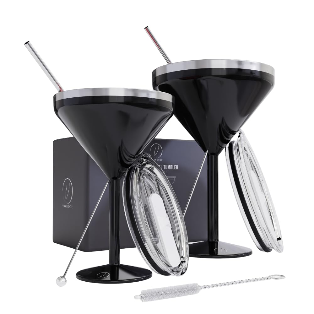 8 oz. Vacuum Sealed Stainless Steel Martini Glasses Set of 2 - Insulated Tumbler with Straws, Olive Pins & Straw Cleaner | Perfect for Cocktail Parties, Home Bar & Travel Drinkware | Black