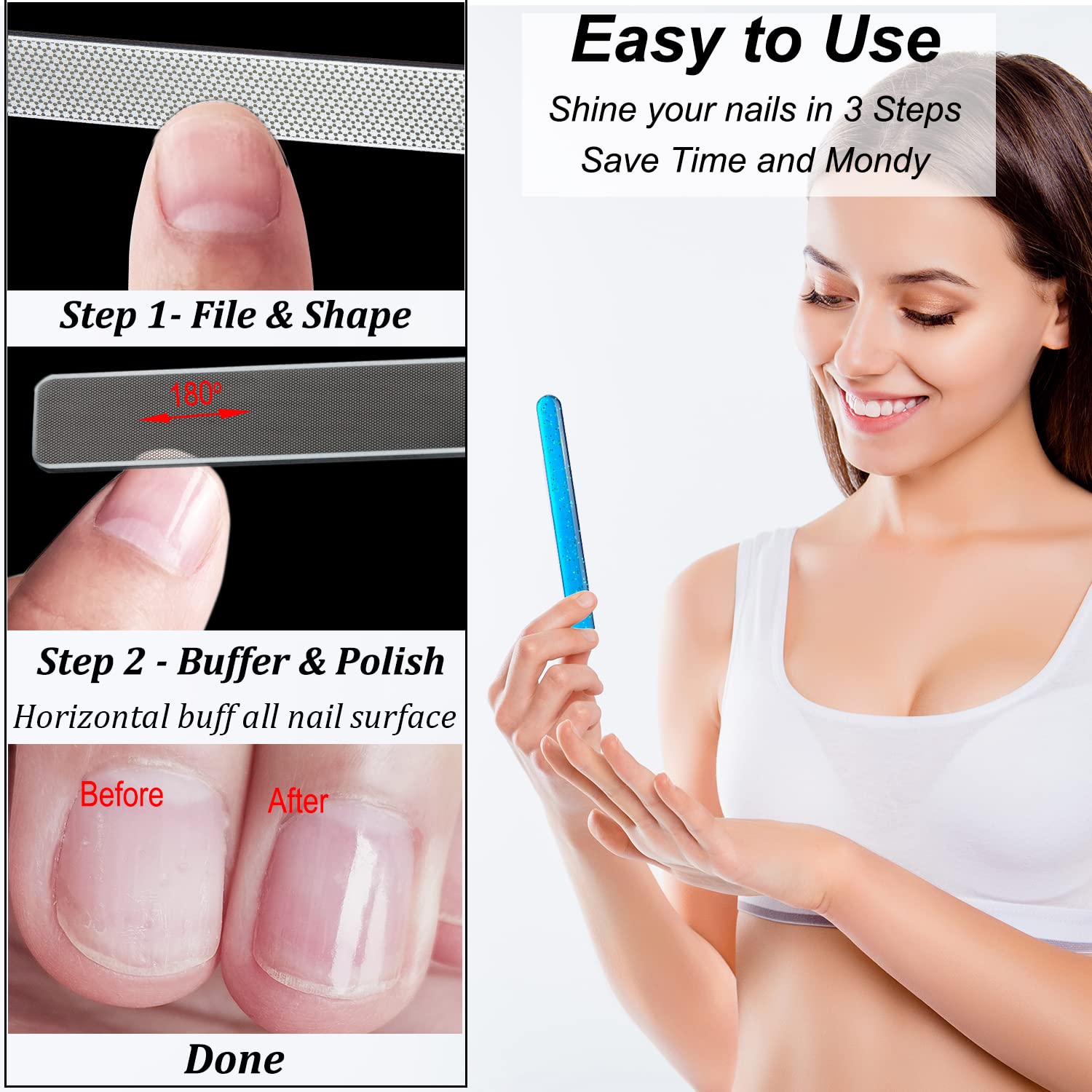 Premium Diamond Nail File & Crystal Nail Shiner Set - Stainless Steel Nail File with Nano Glass Buffer, Metal Sapphire File & Nail Polisher - Professional Manicure Pedicure Kit for Salon, Home & Travel - Perfect for DIY Nail Care, Gifts & On-the-Go Beauty