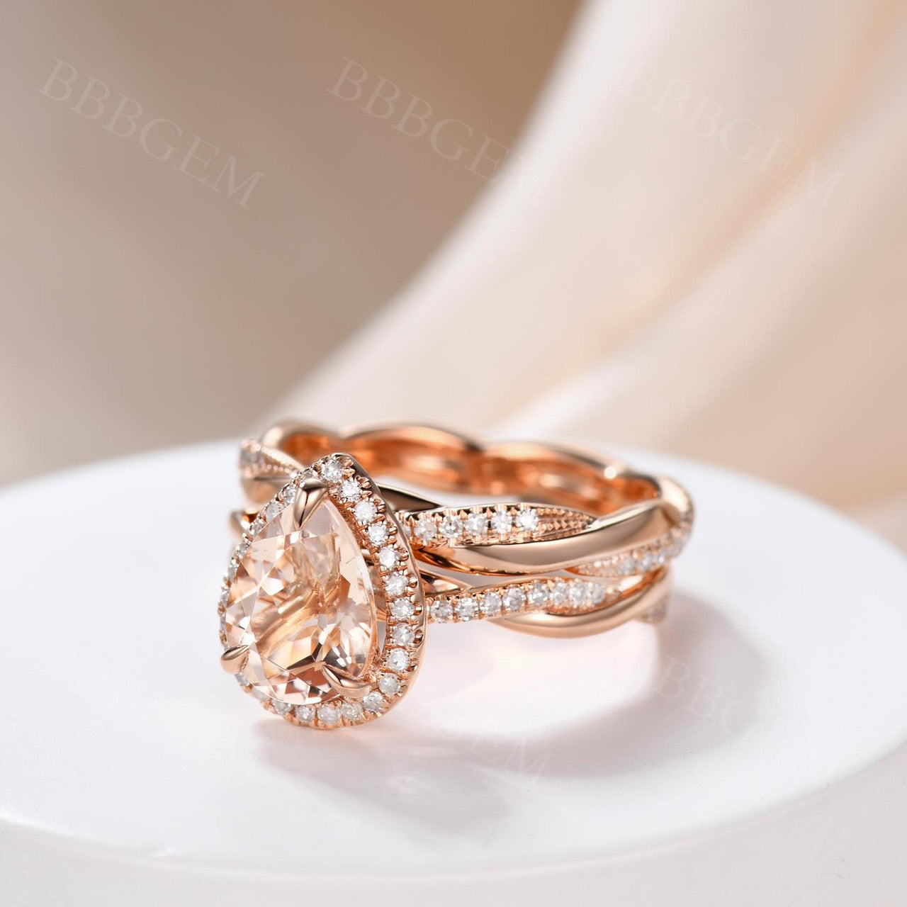 2 Carat Pear Morganite Petite Twisted Vine Halo Engagement Ring Set in 14K/18K Rose Gold - Perfect for Proposals, Weddings & Anniversary Gifts