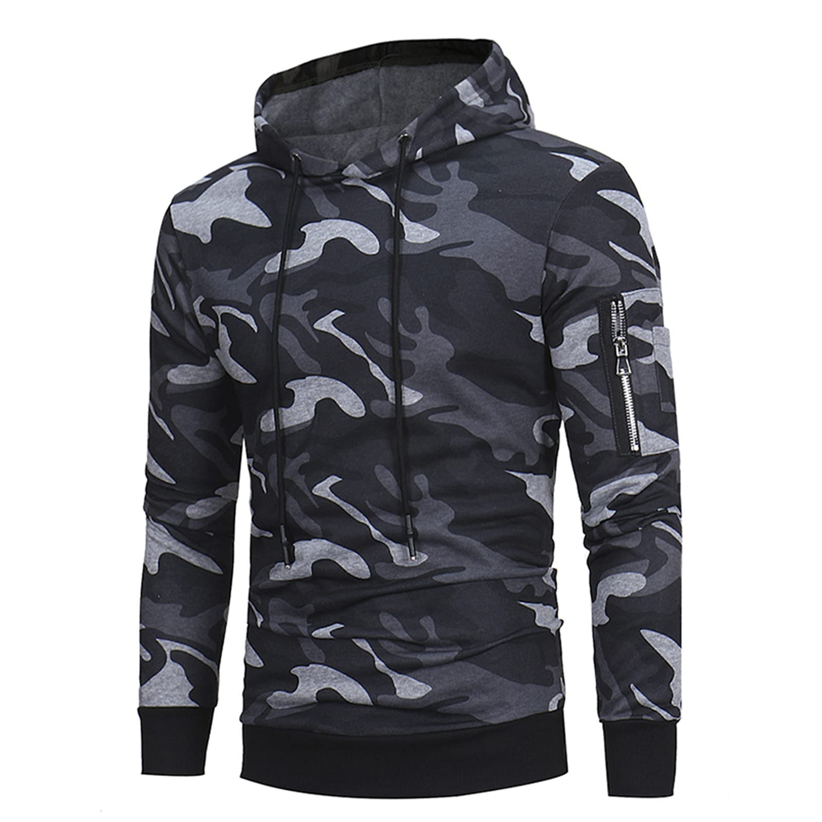 Men's Long Ribbed Sweatshirt with Tether Sleeve & Camouflage Hood - Warm Fleece Hoodie for Outdoor Activities, Hiking and Casual Wear