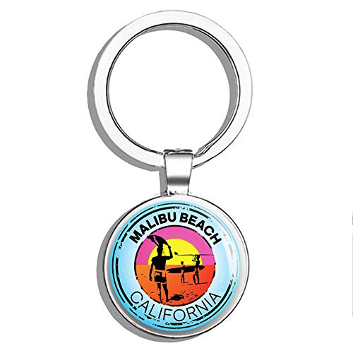 Malibu Beach California Themed Double Sided Stainless Steel Keychain - Perfect for Swim, Boat, Kayak, Water Ski & Surf Enthusiasts - Great Travel Accessory & Car Key Finder