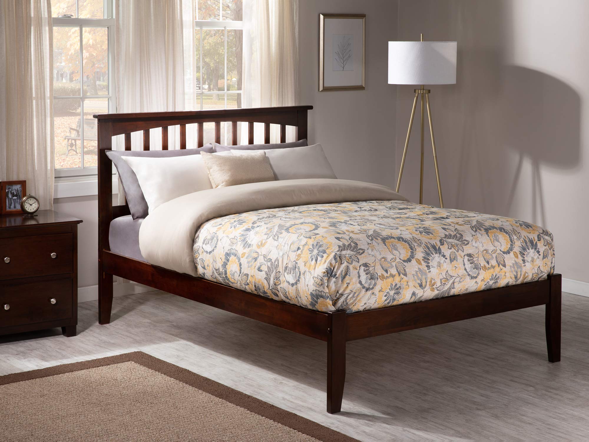 AFI Mission Full Platform Bed Frame with USB Charging Ports - Solid Walnut Wood Queen Size Bed for Modern Bedroom - Perfect for Small Spaces & USB Device Charging