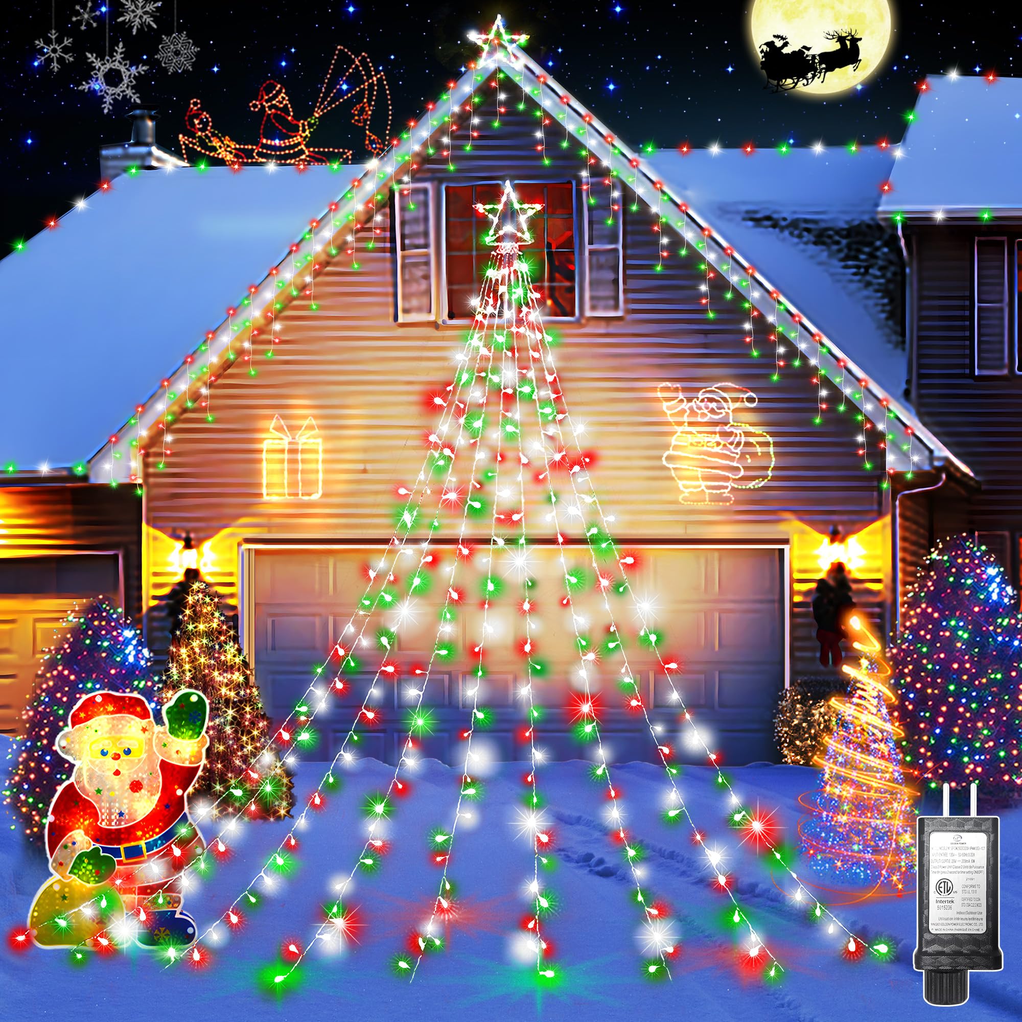 XURISEN 11.8ft 337 LED Outdoor Christmas Tree Lights with Star Topper - Waterfall String Lights for Holiday Decor (Red, Green, Cool White) | 8 Lighting Modes, Plug-in for Party, Home, Garden & Indoor/Outdoor Decorations